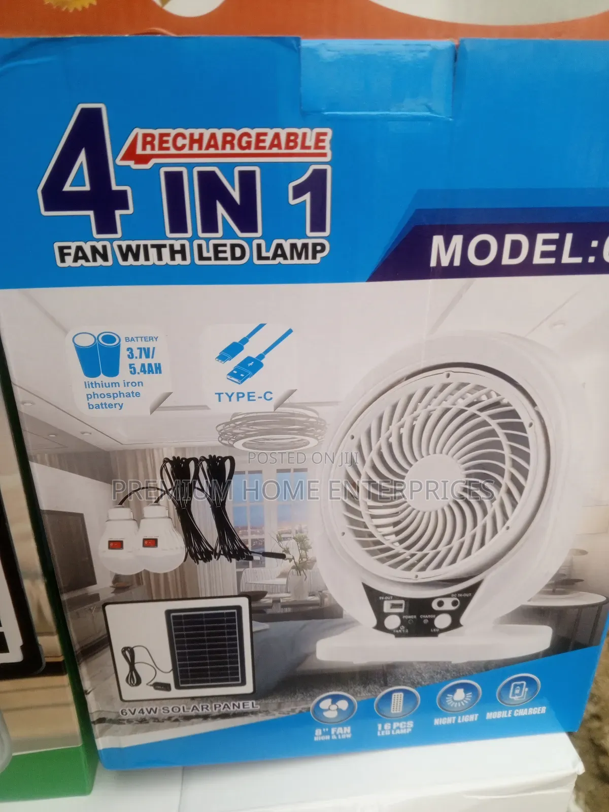 4 in 1 Rechargeable Table Fan With Panel and 2 Bulbs