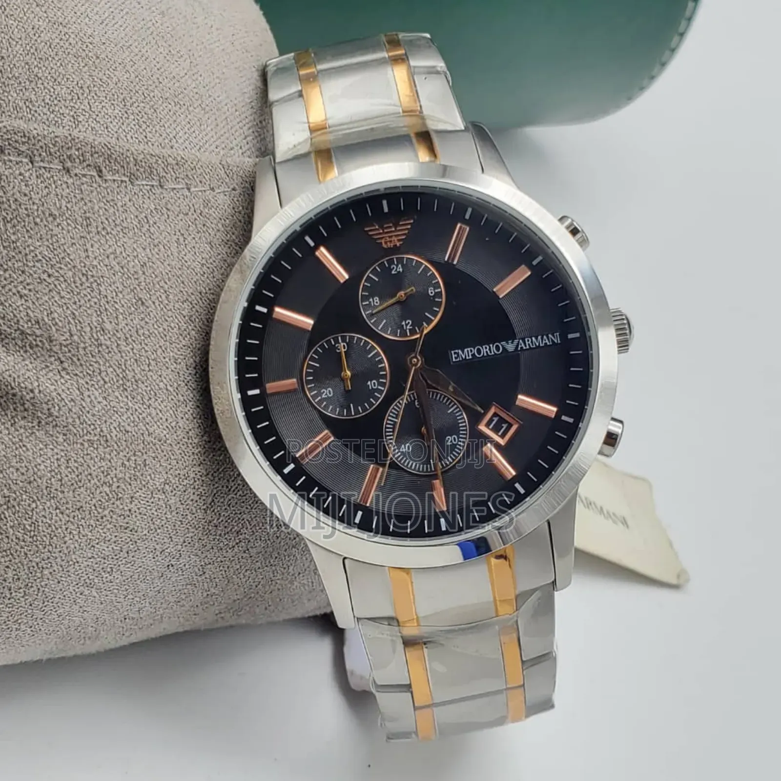 *Original Emporio Armani Two‐Tone Chain Black‐Dial Chronograph Watch*