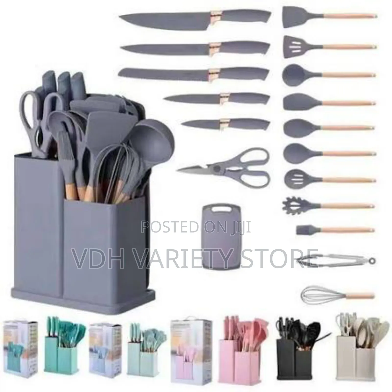 19pc Quality Silicon Spoon Set With Chopping Board and Knife Set
