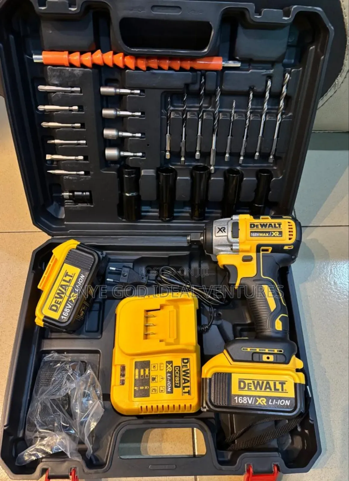 Two 168v/Xr Li-Ion Batteries, a Charger, and Various Bits/Adapters