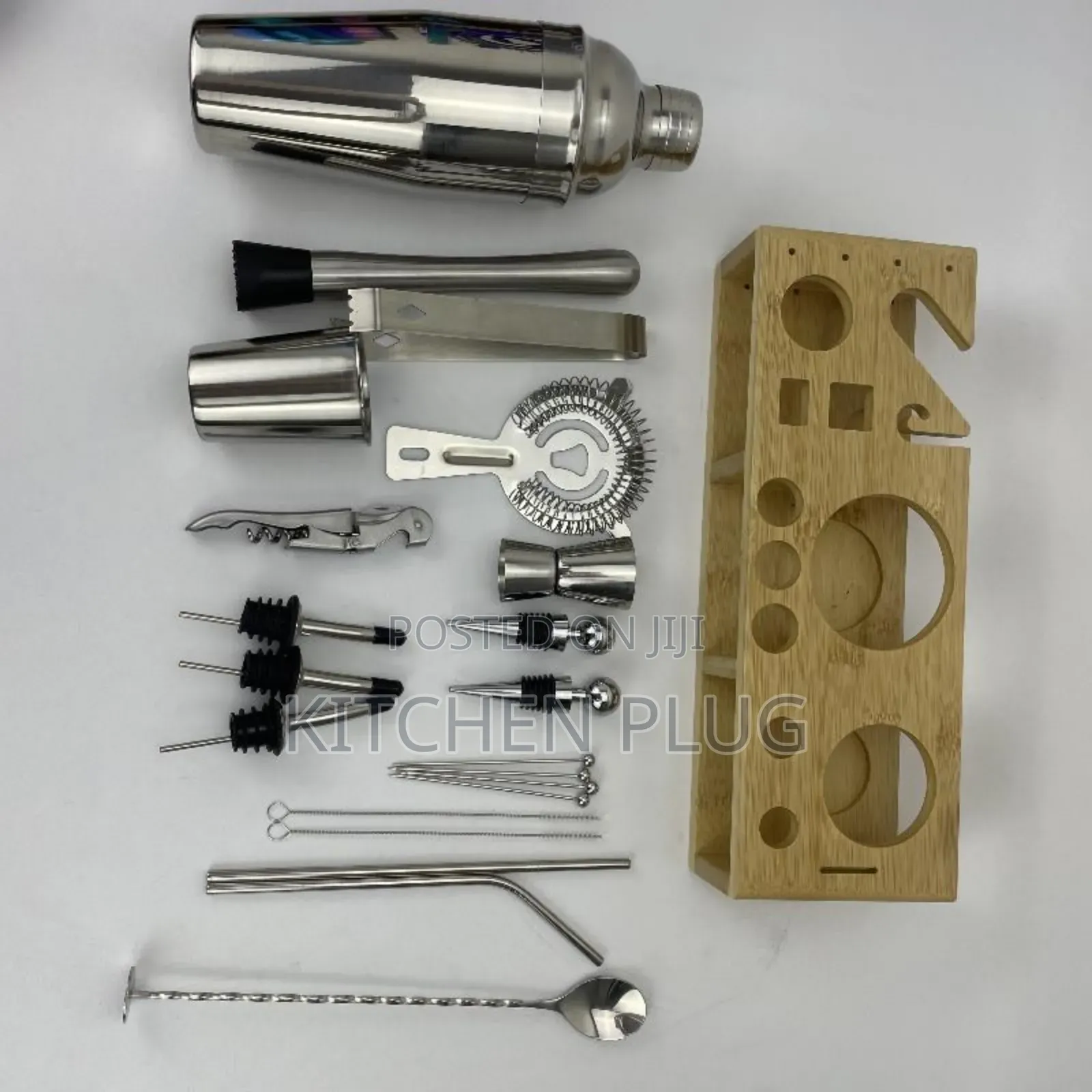 Stainless Steel Bartender Kit With a Bamboo Stand.