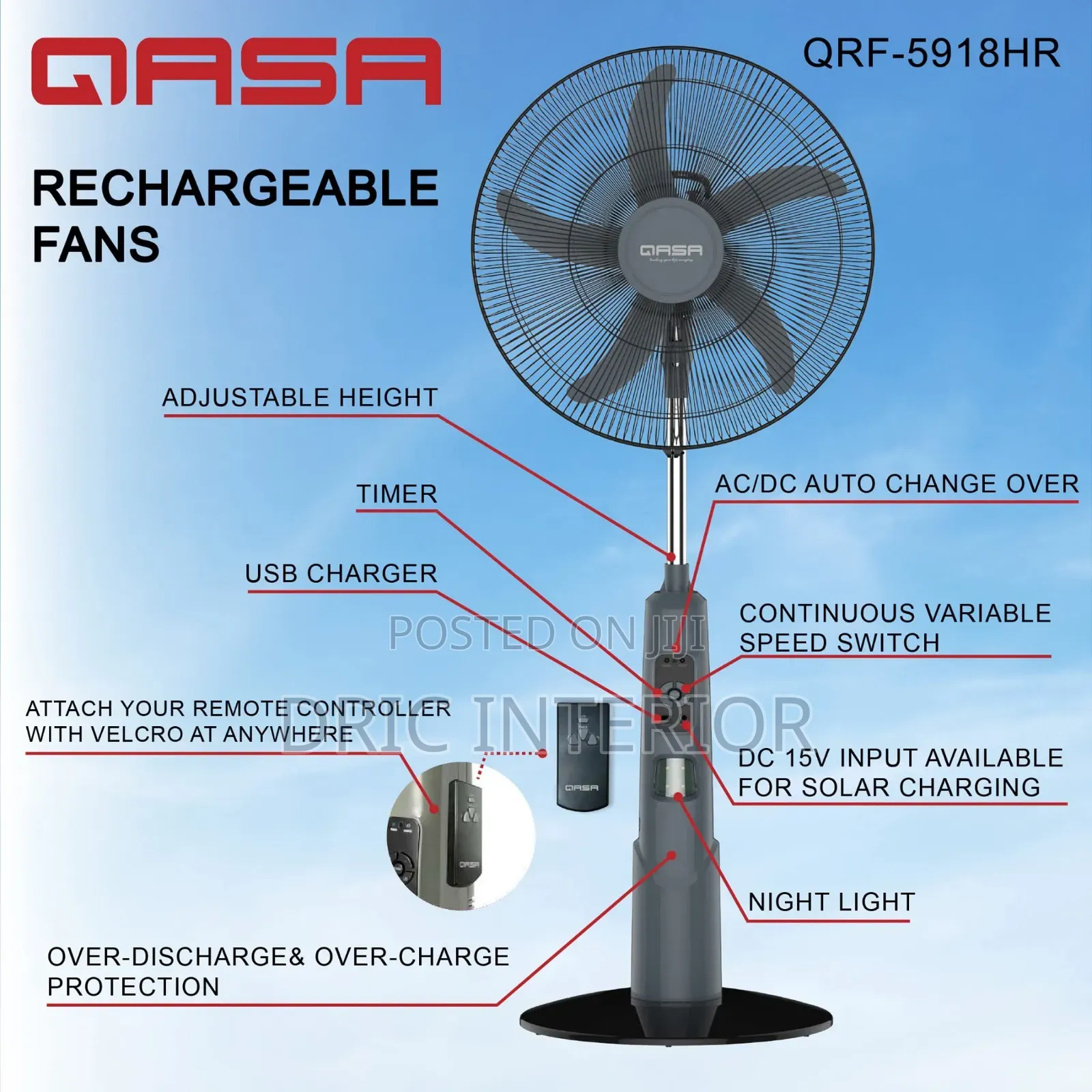 Qasa Quality 18” Rechargeable Standing Fan With Remote Control