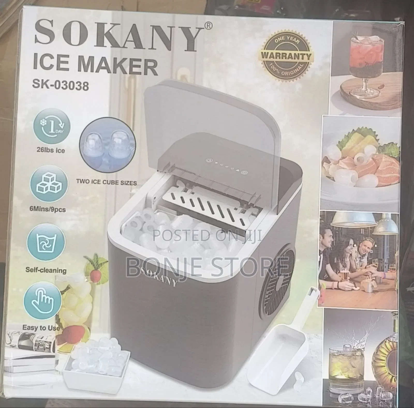 Sokany Sk-03038 15kg Ice Cube Maker 26lbs Ice, 6min/9pc, Self Cleaning