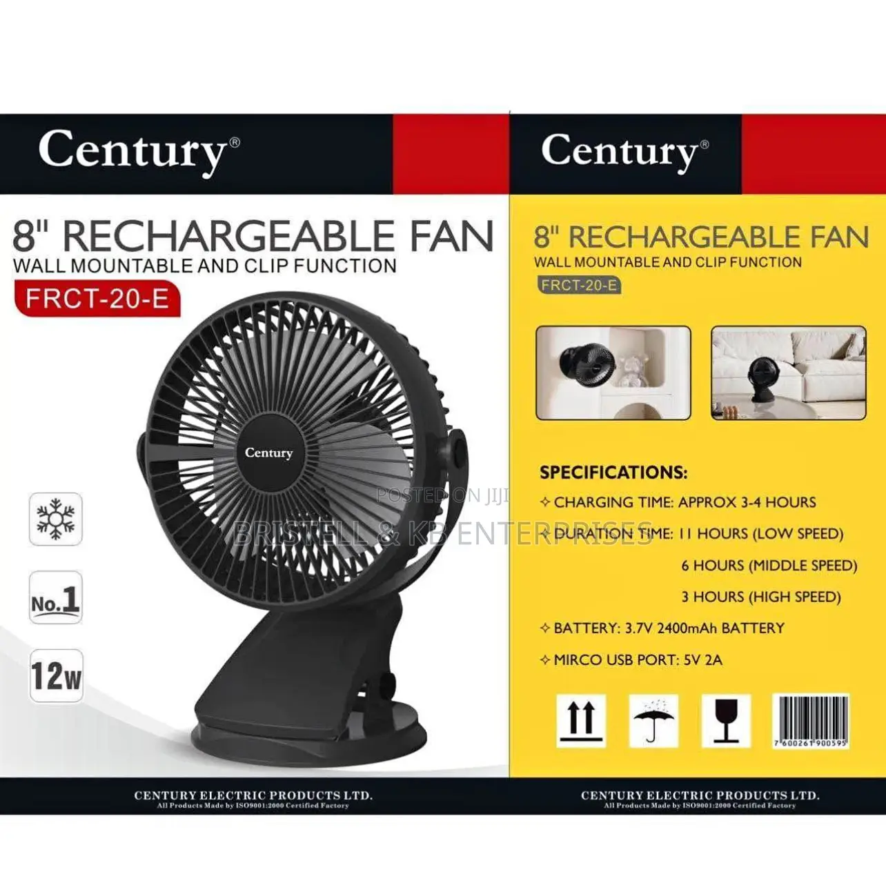 Century 8 Rechargeable Wall-Fan, Mountable on Office Desk