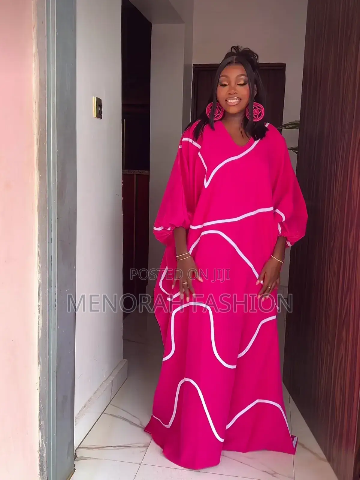 Elegant Futshia Pink Bubu Dress With Bias Taping Design