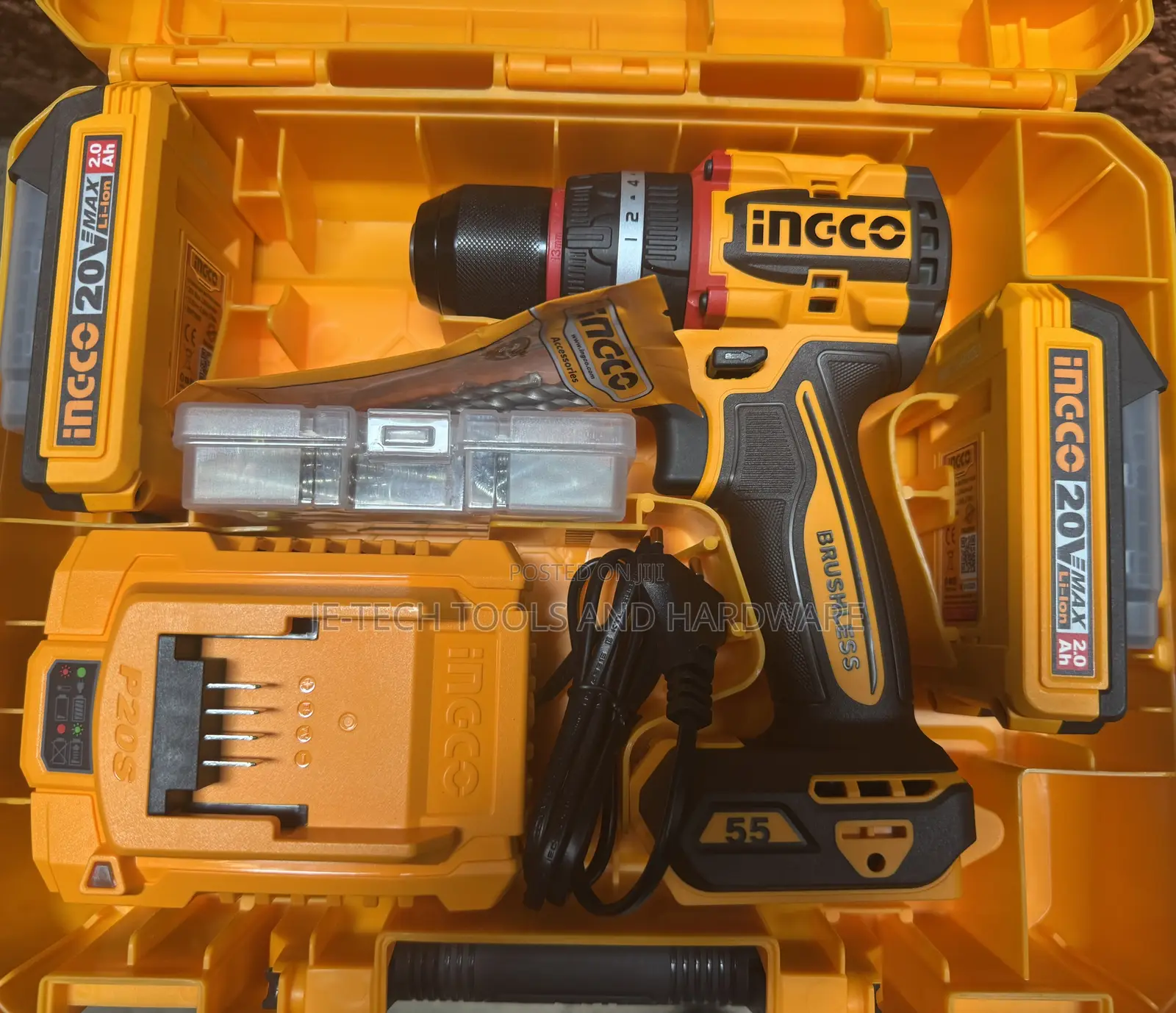 Ingco 20v 55nm Compact Brushless Cordless Impact Drill Kit