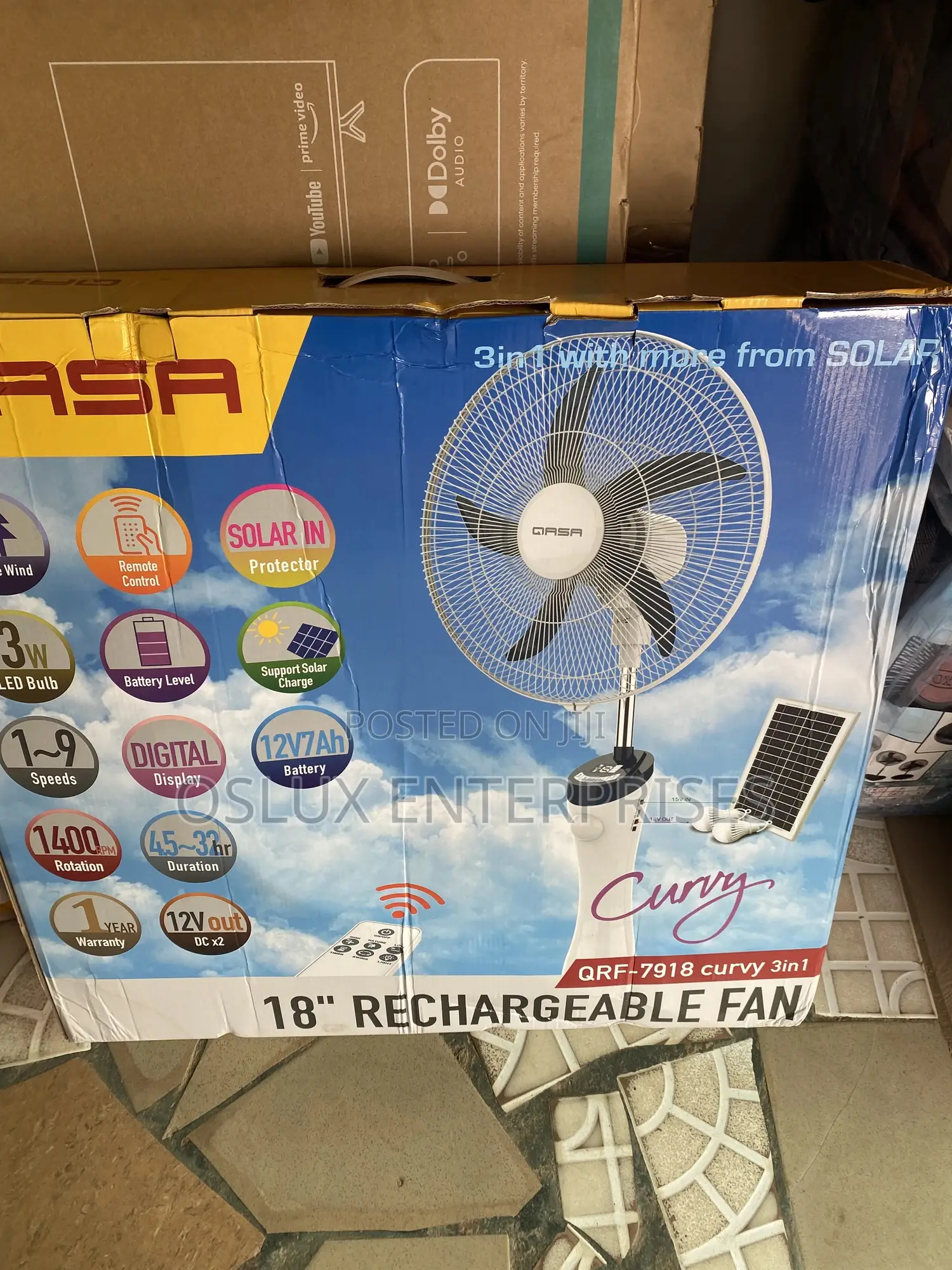 Qasa 3in1 Rechargeable Fan (18”) With Panel and Two Bulb.(Curvy)