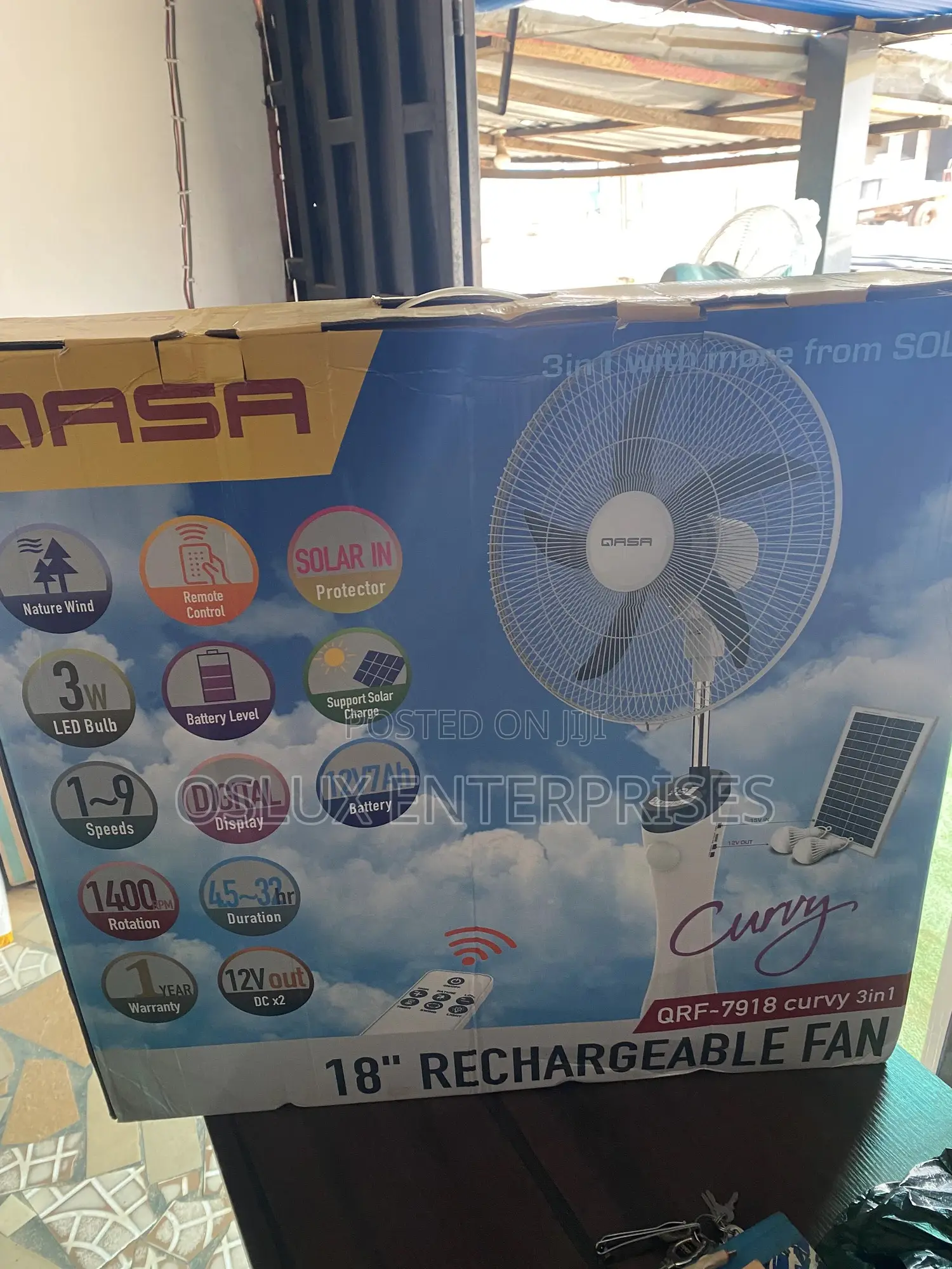 Qasa 3in1 Rechargeable Fan (18”) With Panel and Two Bulb.(Curvy)