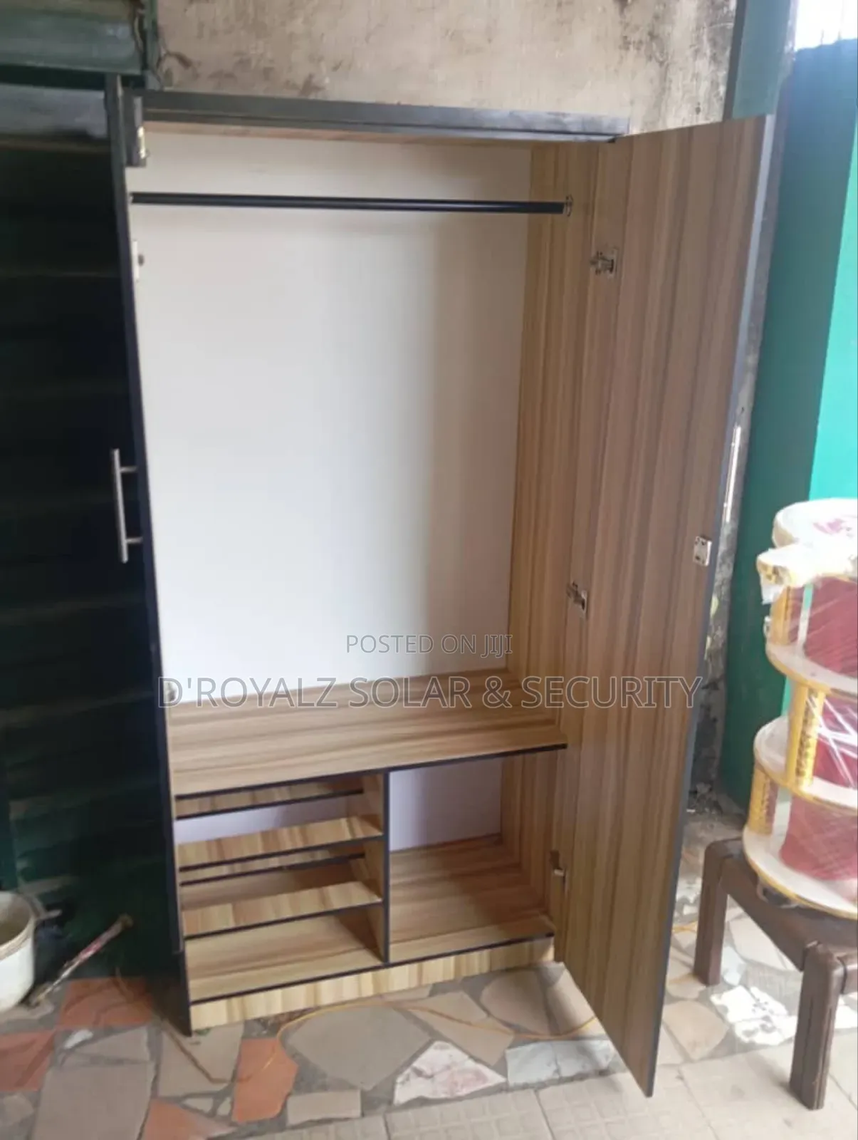 Modern Wooden Wardrobe With Hanging Rod Multiple Shelves