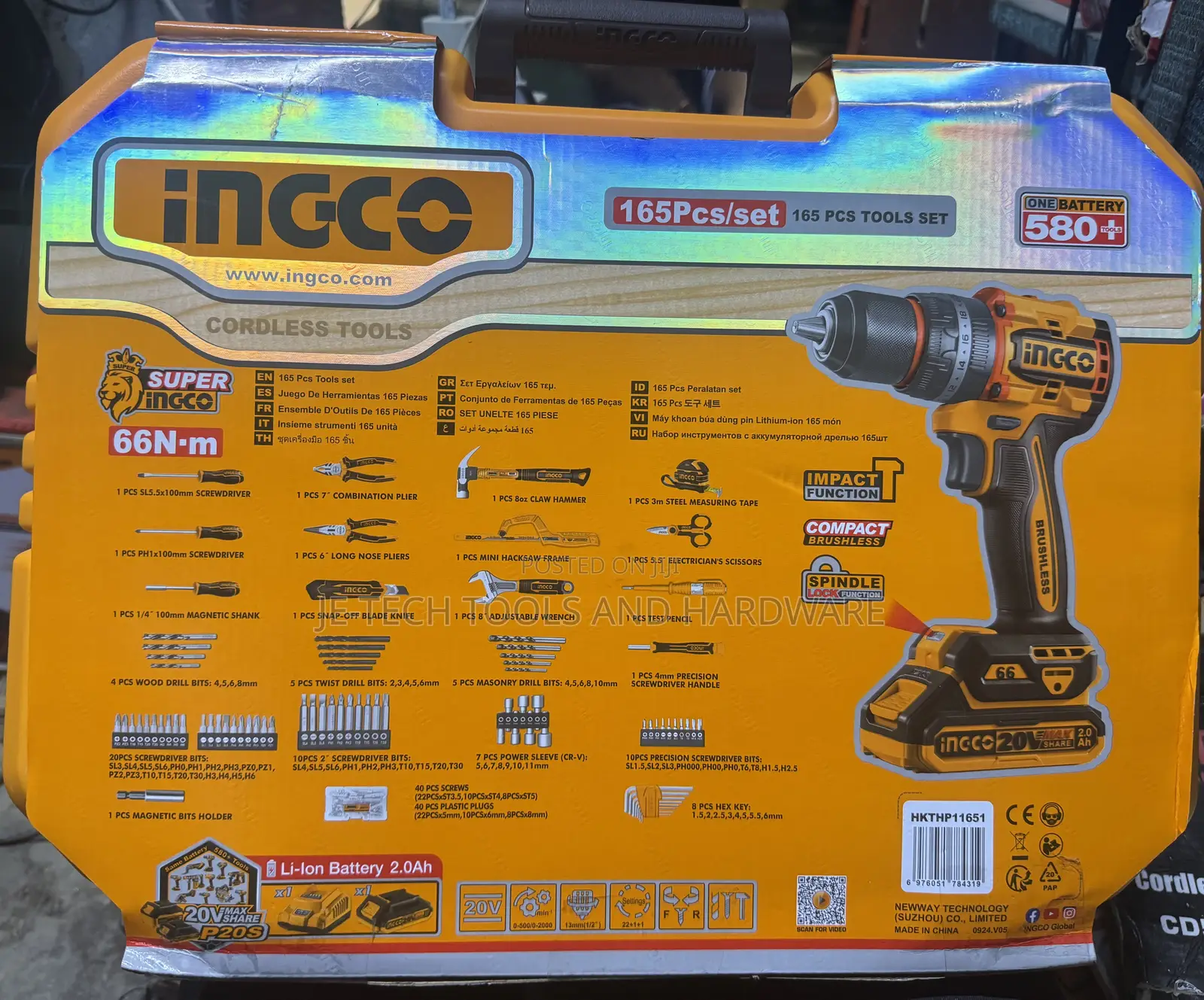 Ingco 165-piece Compact Brushless Cordless Impact Drill Tool Set