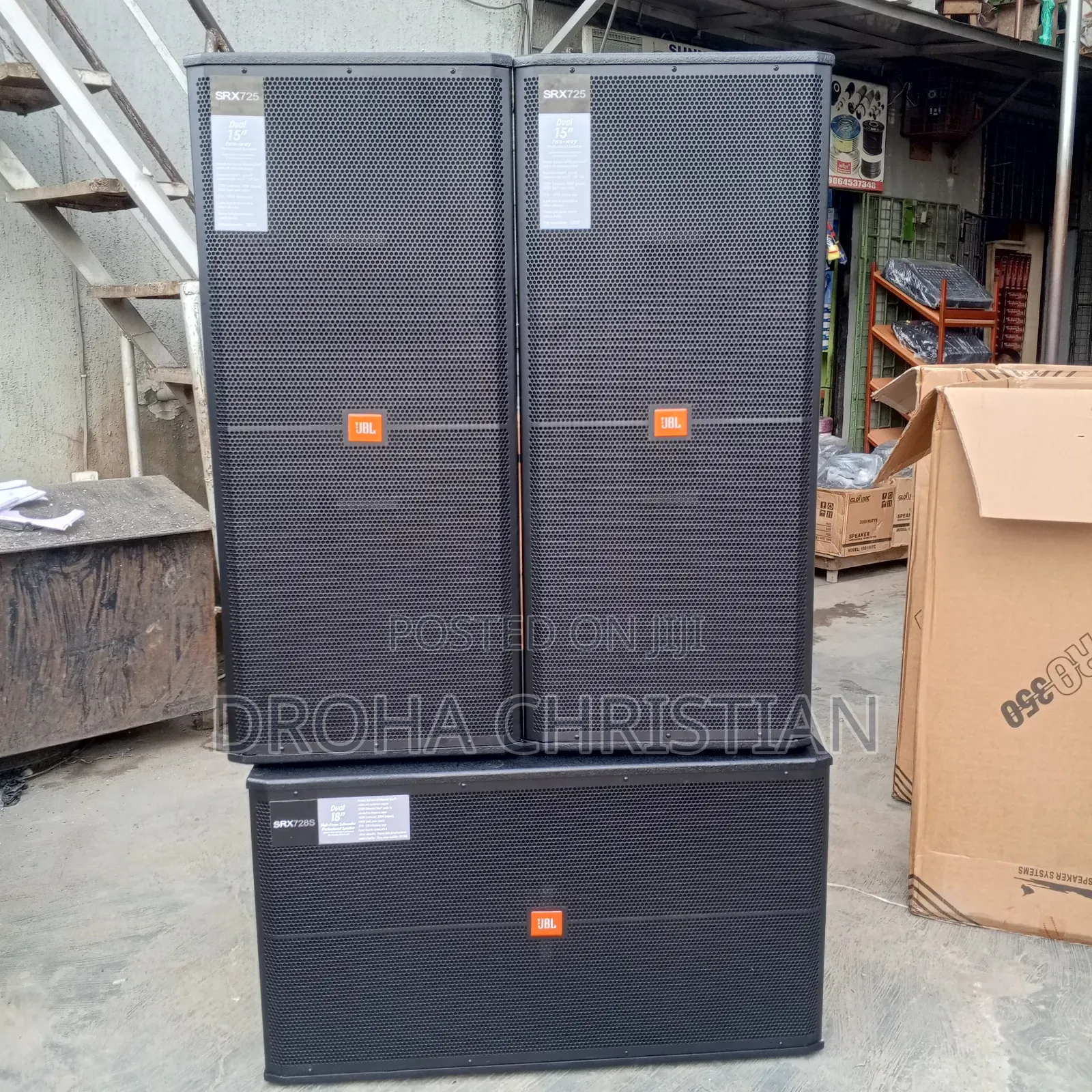 A Pair of Both Black Double Sub and Full Range JBL Speakers