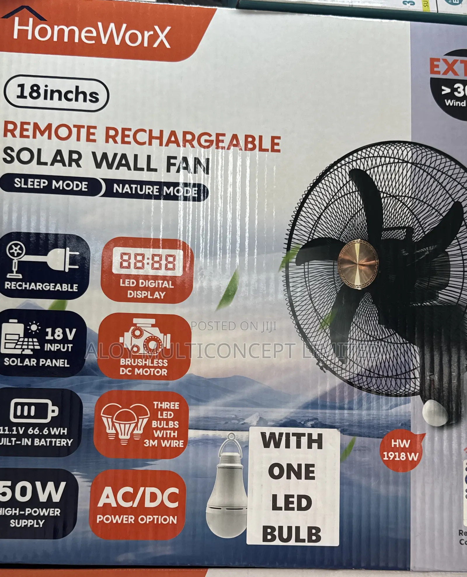 18 Inches Homeworx Solar Rechargeable Wall Fans With 6600mah Lithium