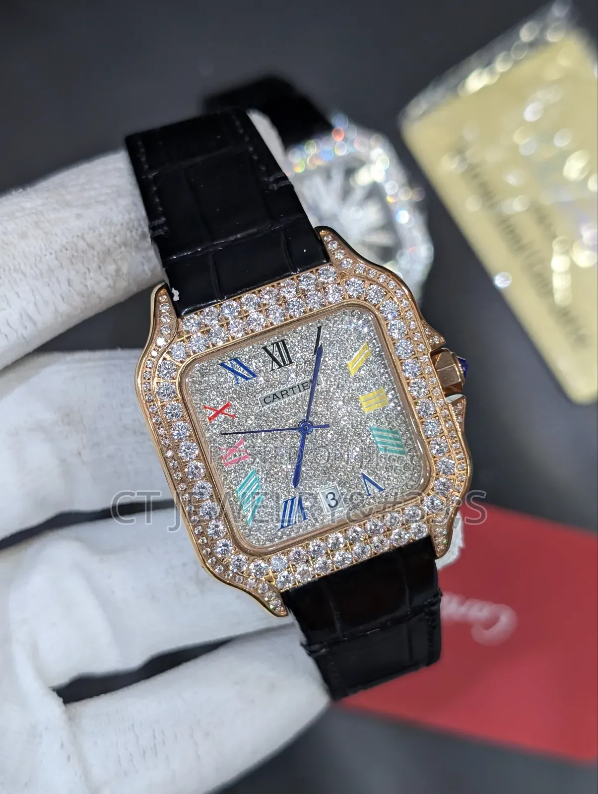 Santos De Cartier Ice Bezel Stones Genuine Leather Strap For Men's