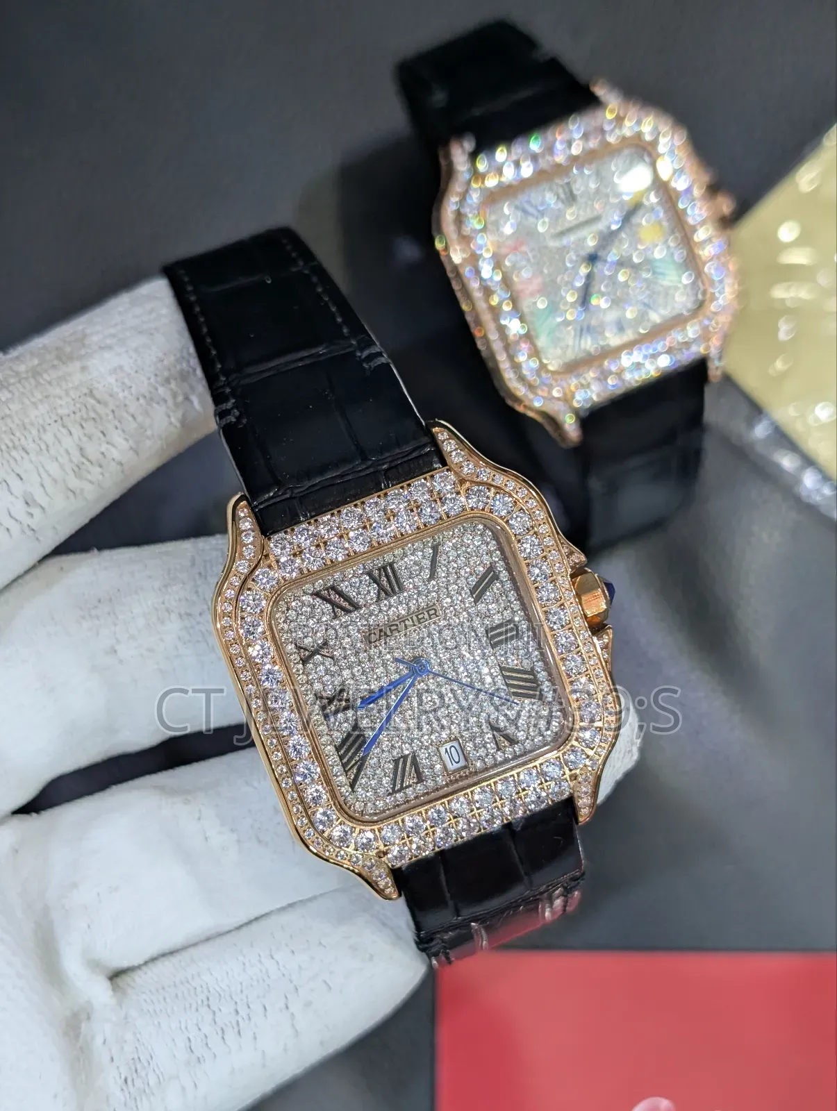 Santos De Cartier Ice Bezel Stones Genuine Leather Strap For Men's