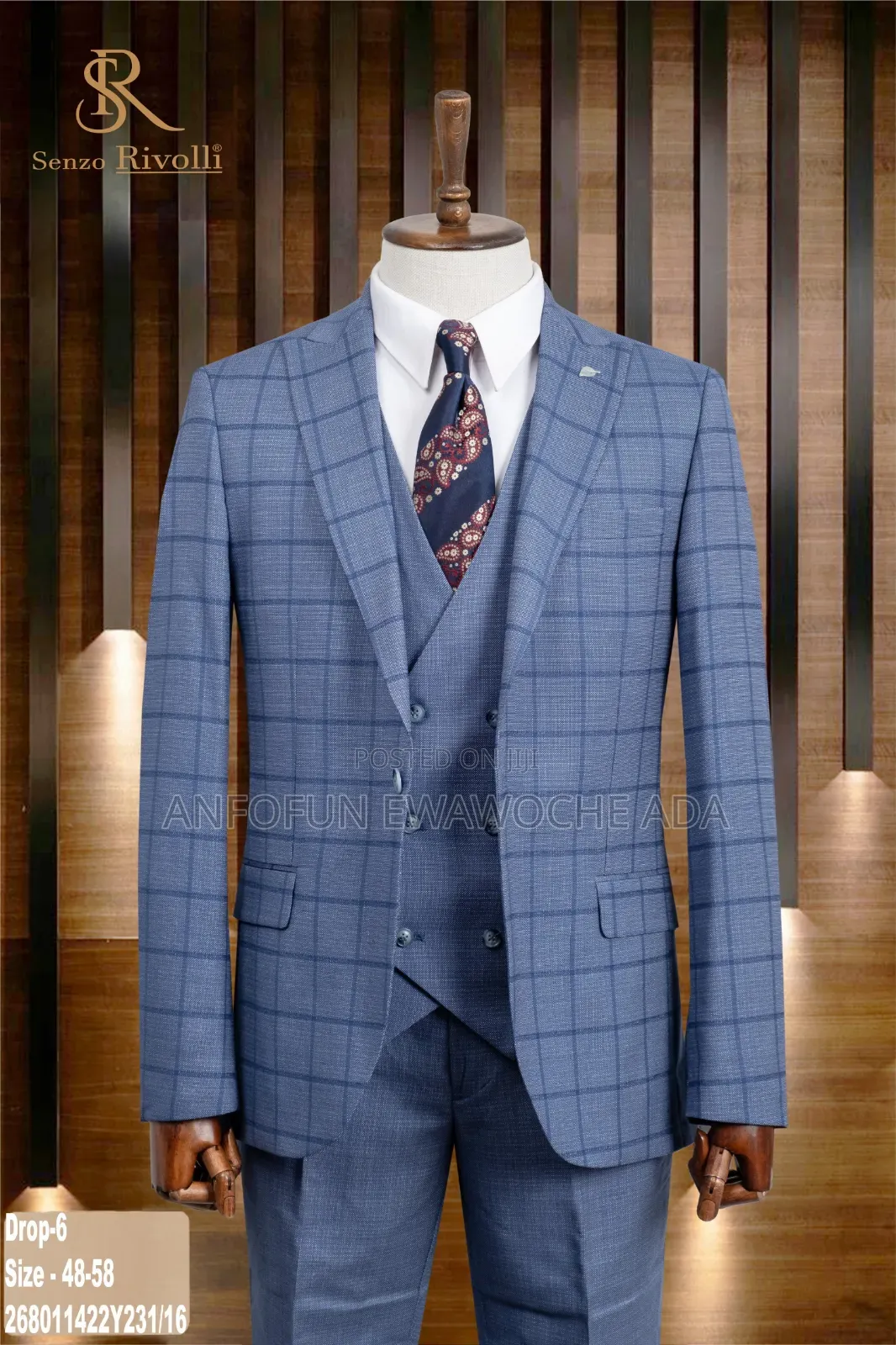 Senzo Rivolli Classic Checkered 3-Piece Men’S Suit