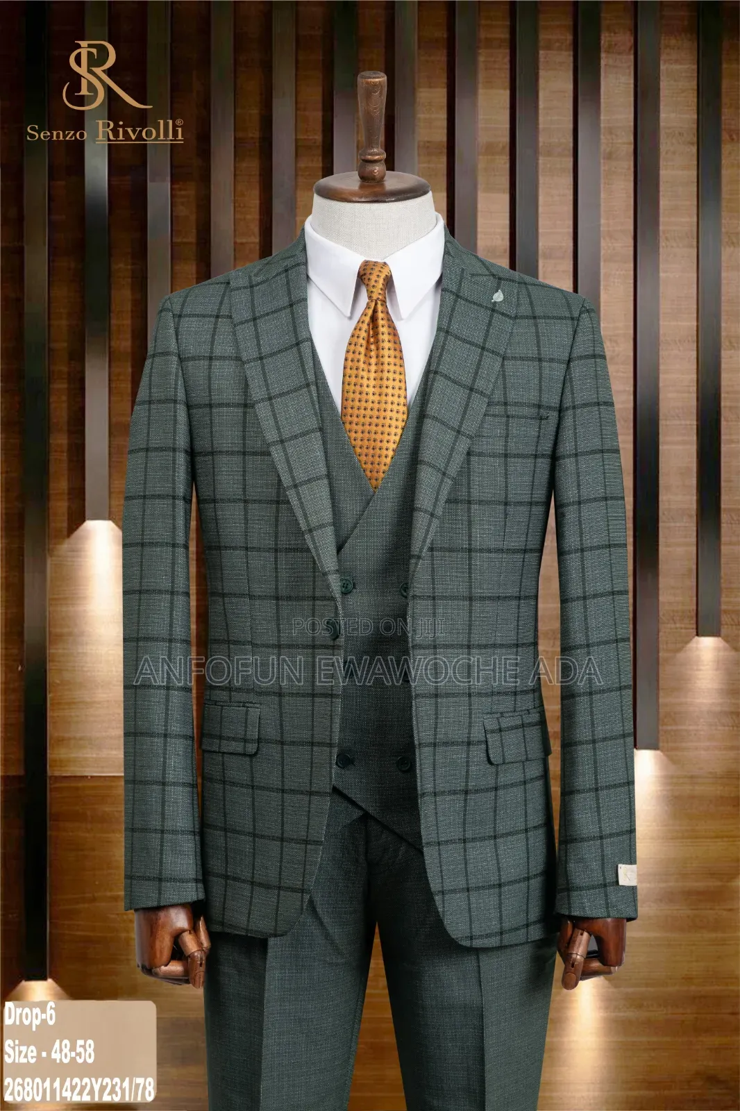Senzo Rivolli Classic Checkered 3-Piece Men’S Suit