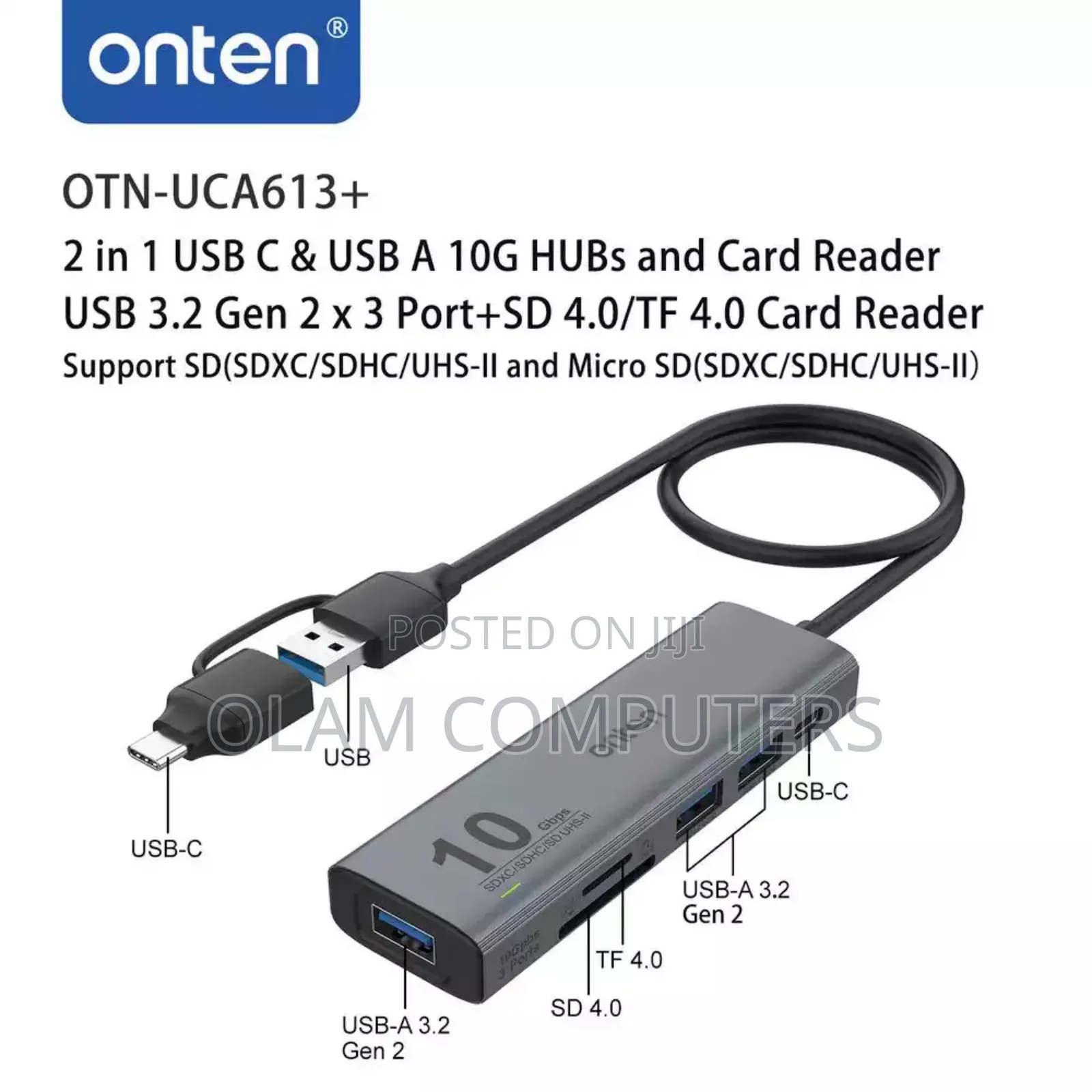 Onten Usb 3.2 Gen 2 3-Port 10g Hub Sd 4.0 Tf 4.0 Card Reader