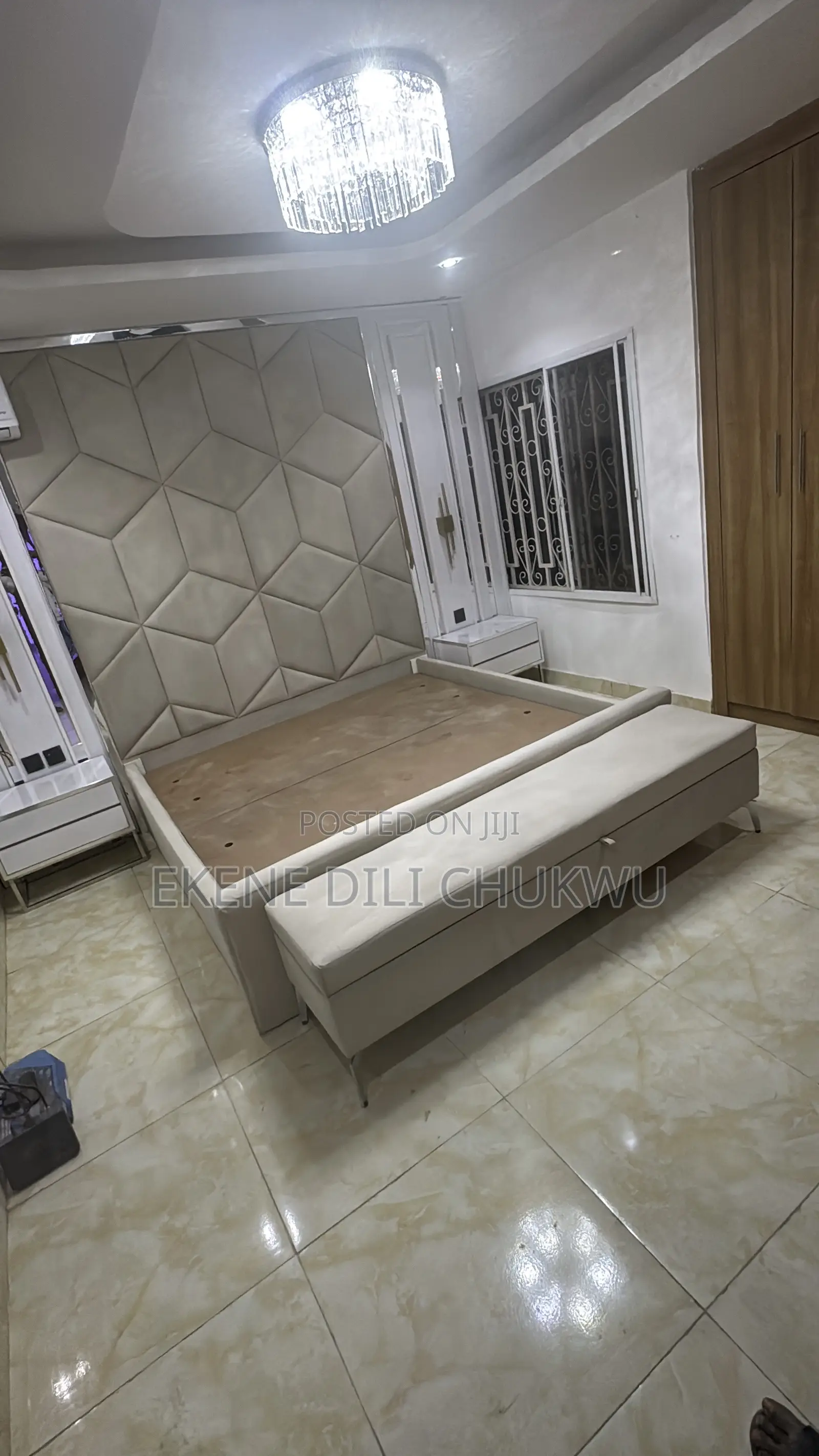 Modern Upholstered Bed With Geometric Padded Headboard