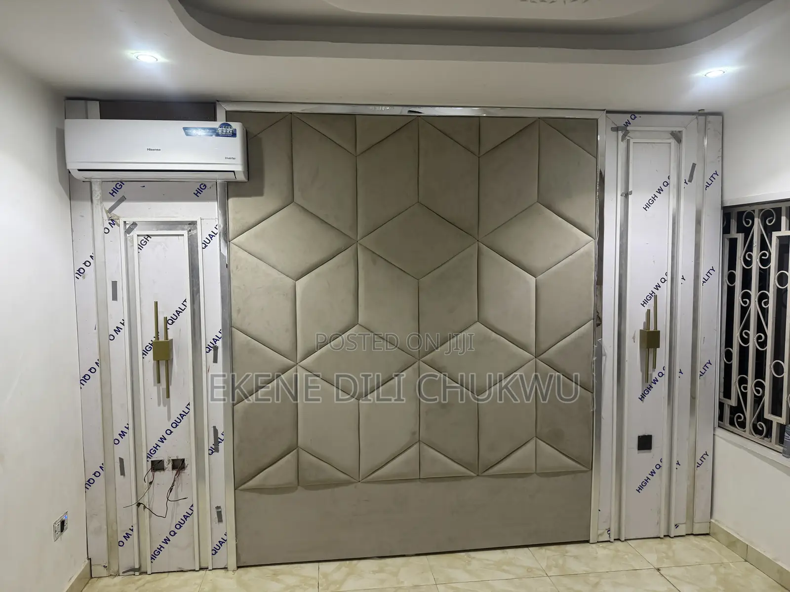 Modern Upholstered Bed With Geometric Padded Headboard