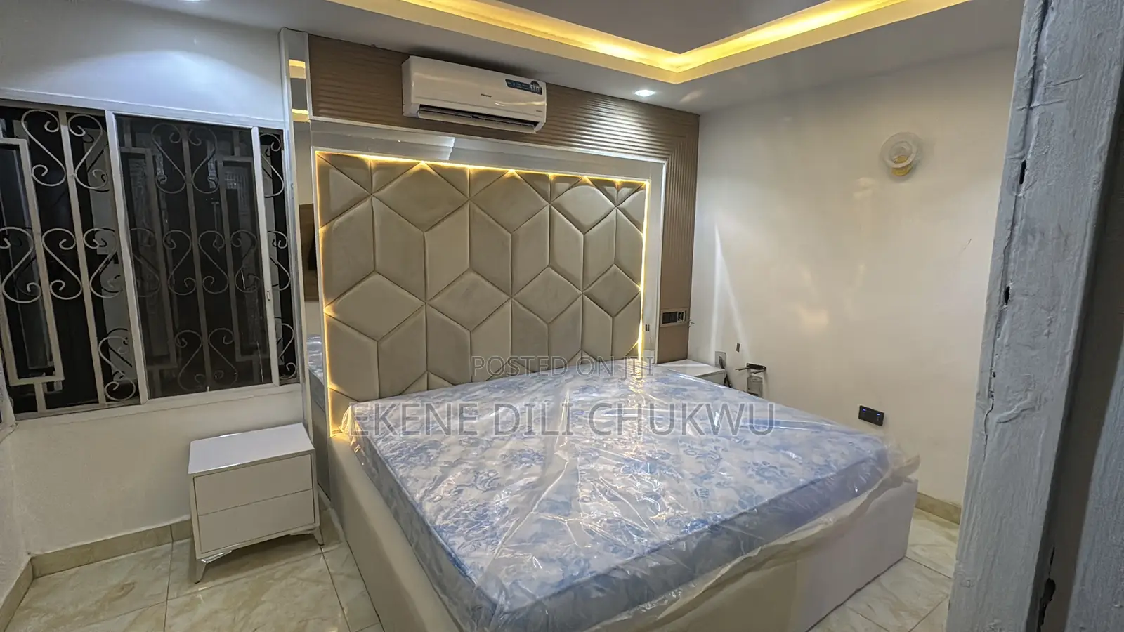 Contemporary Luxury Bed Frame With Geometric Headboard