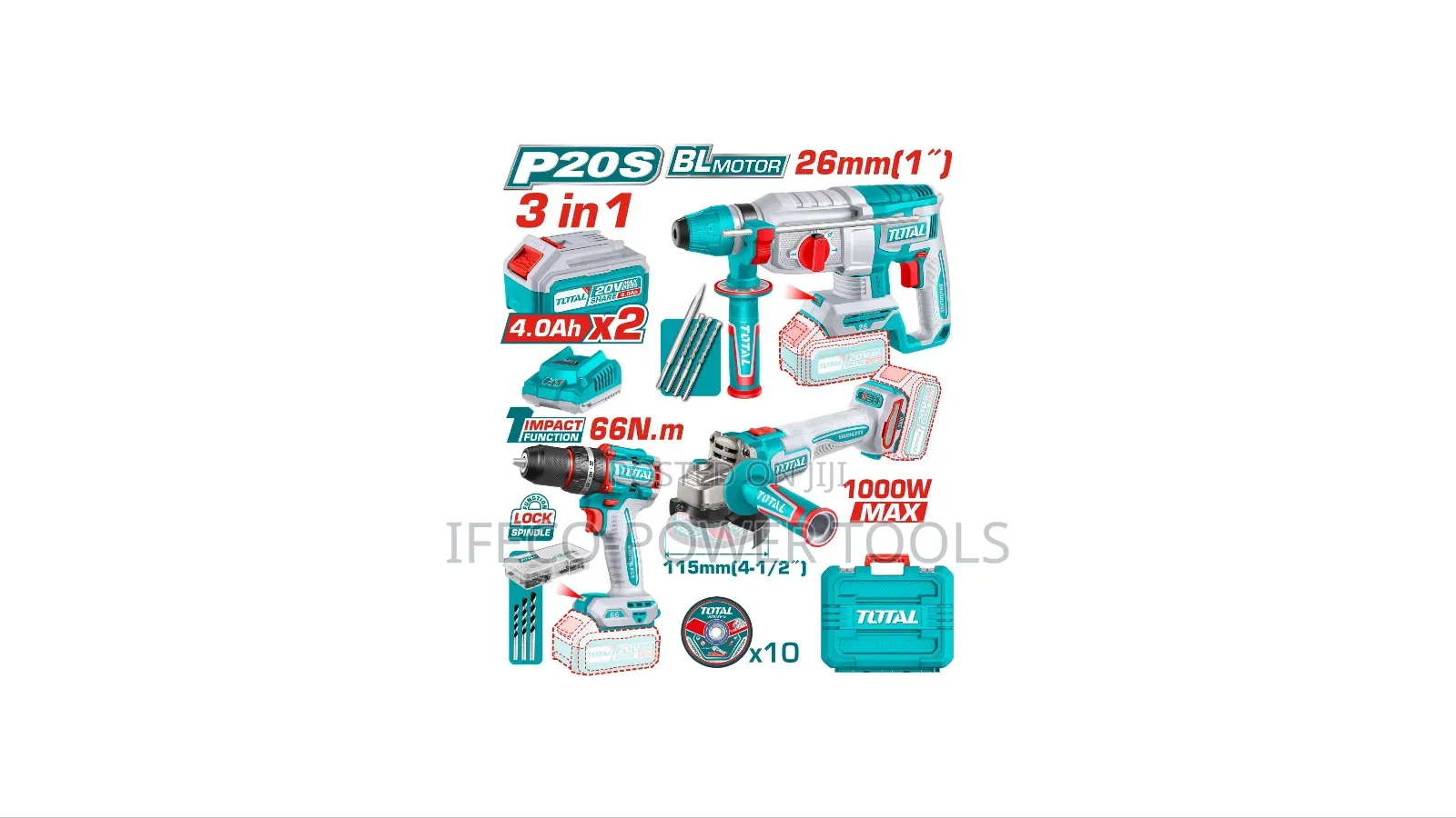 Total 20v Brushless 3-Piece Cordless Combo Kit (Model Tosli241198).