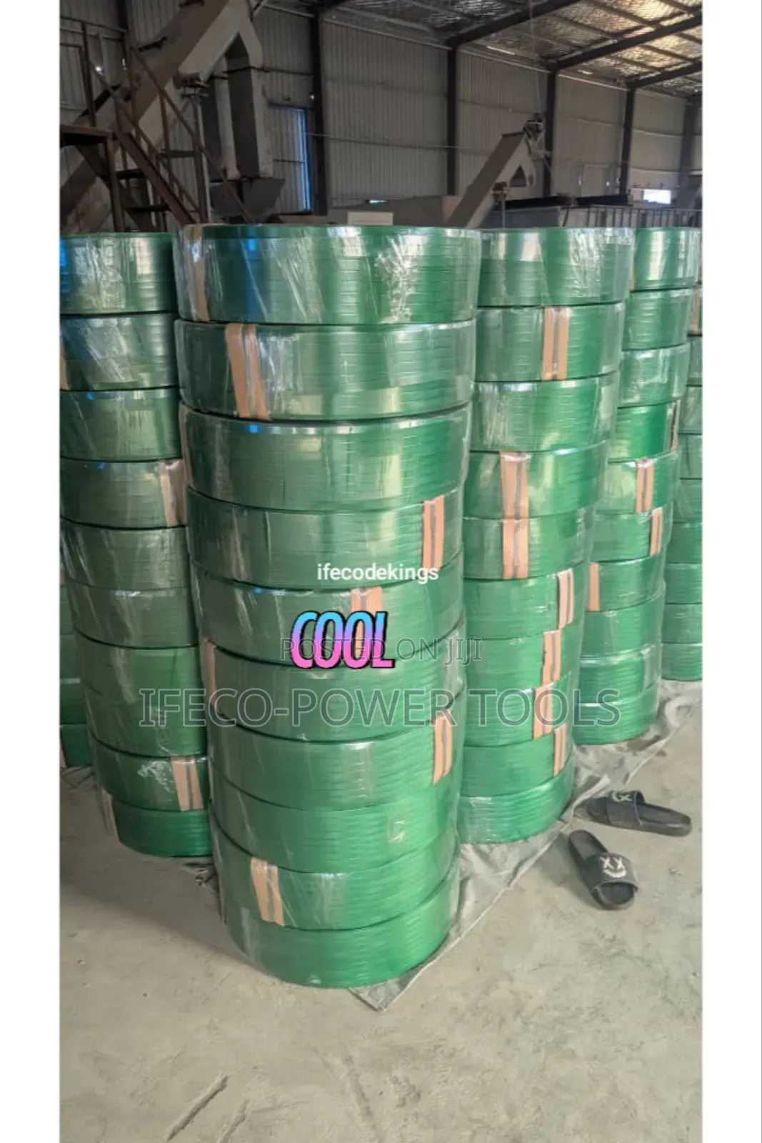 Rolls of Green, Embossed Pet Strapping Heavy-Duty Plastic Strapping
