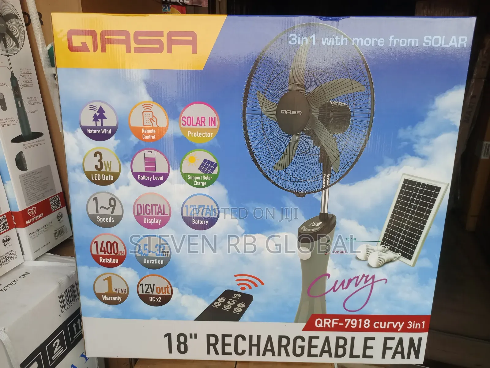 Qasa Rechargeable Standing Fan 18” Curvy | Qr With Solar Panel Bulb