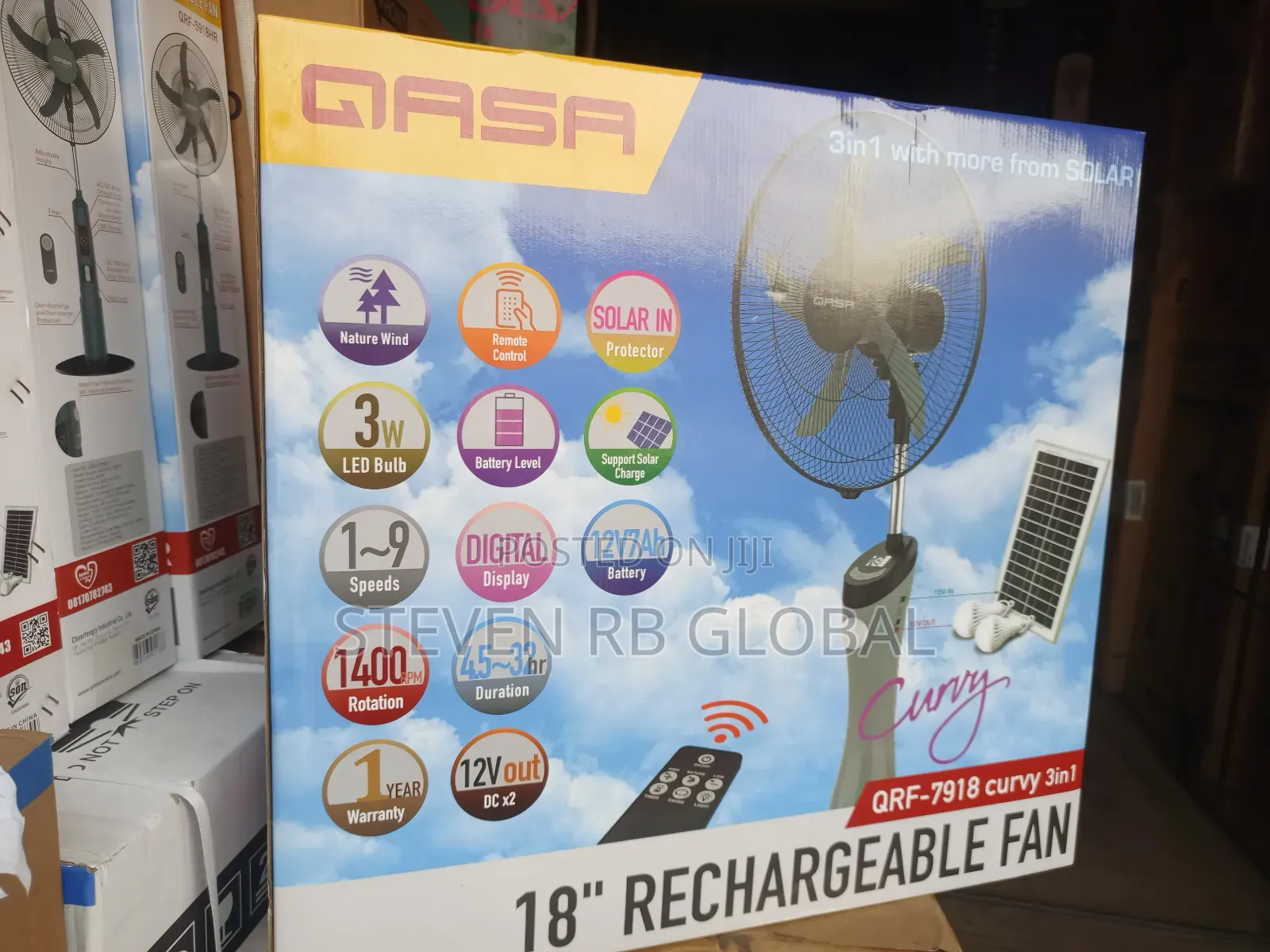 Qasa Rechargeable Standing Fan 18” Curvy | Qr With Solar Panel Bulb