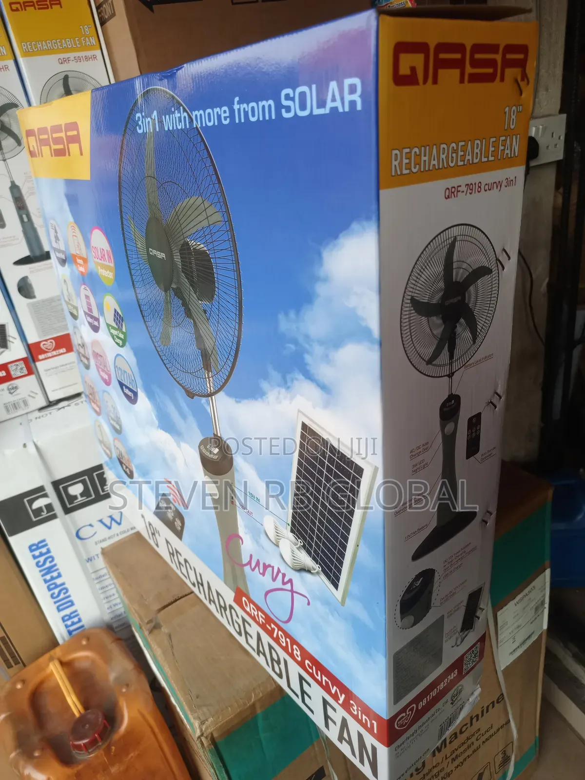 Qasa Rechargeable Standing Fan 18” Curvy | Qr With Solar Panel Bulb