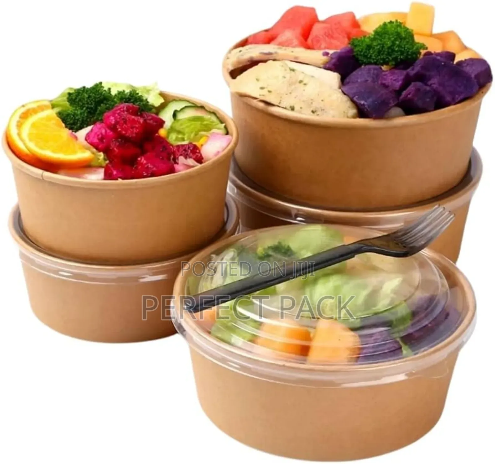 50pcs Multi Purpose Salad Round Kraft Bowls + 50pcs Cover (1000ml)