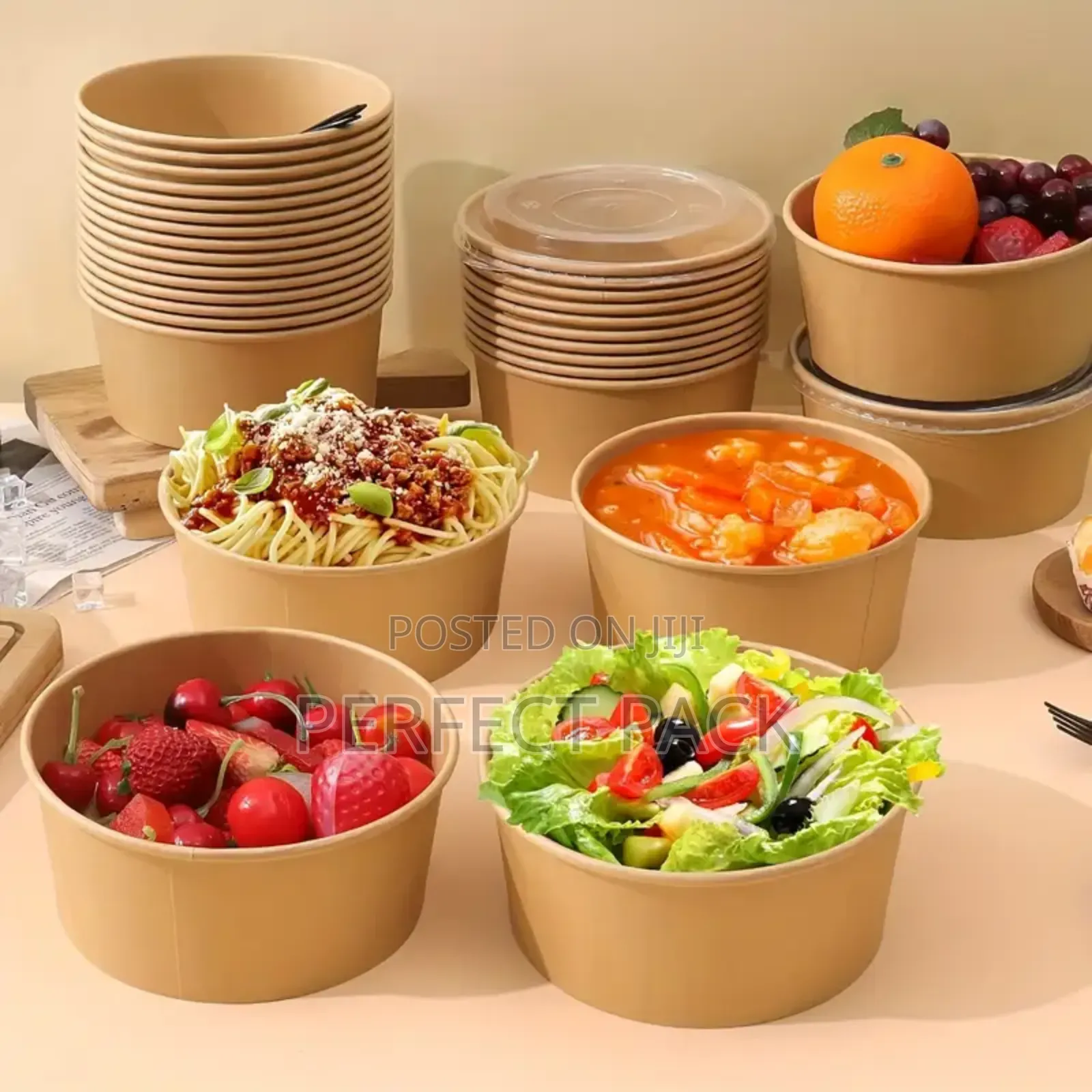 50pcs Multi Purpose Salad Round Kraft Bowls + 50pcs Cover (1000ml)