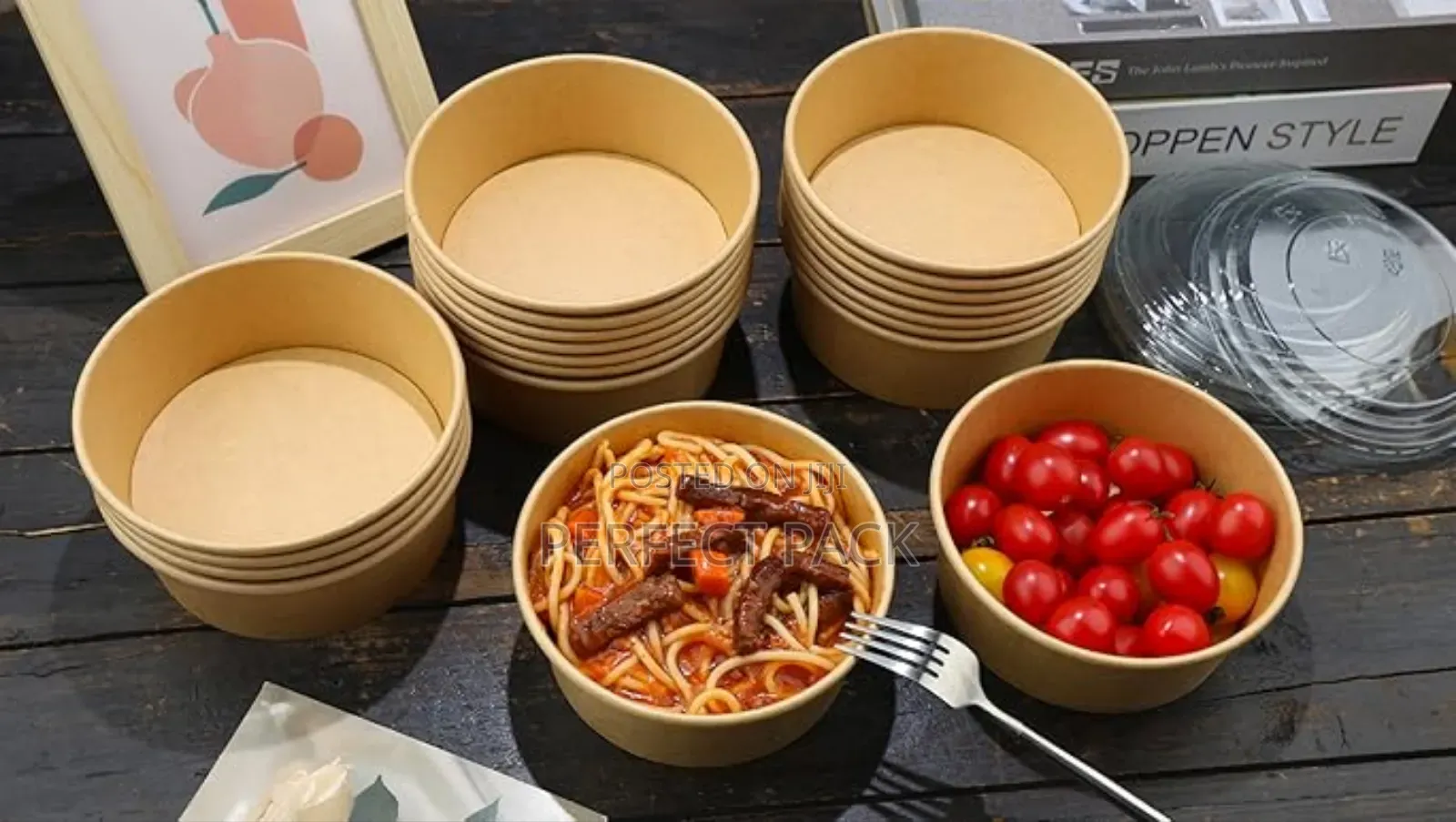 50pcs Multi Purpose Salad Round Kraft Bowls + 50pcs Cover (1000ml)
