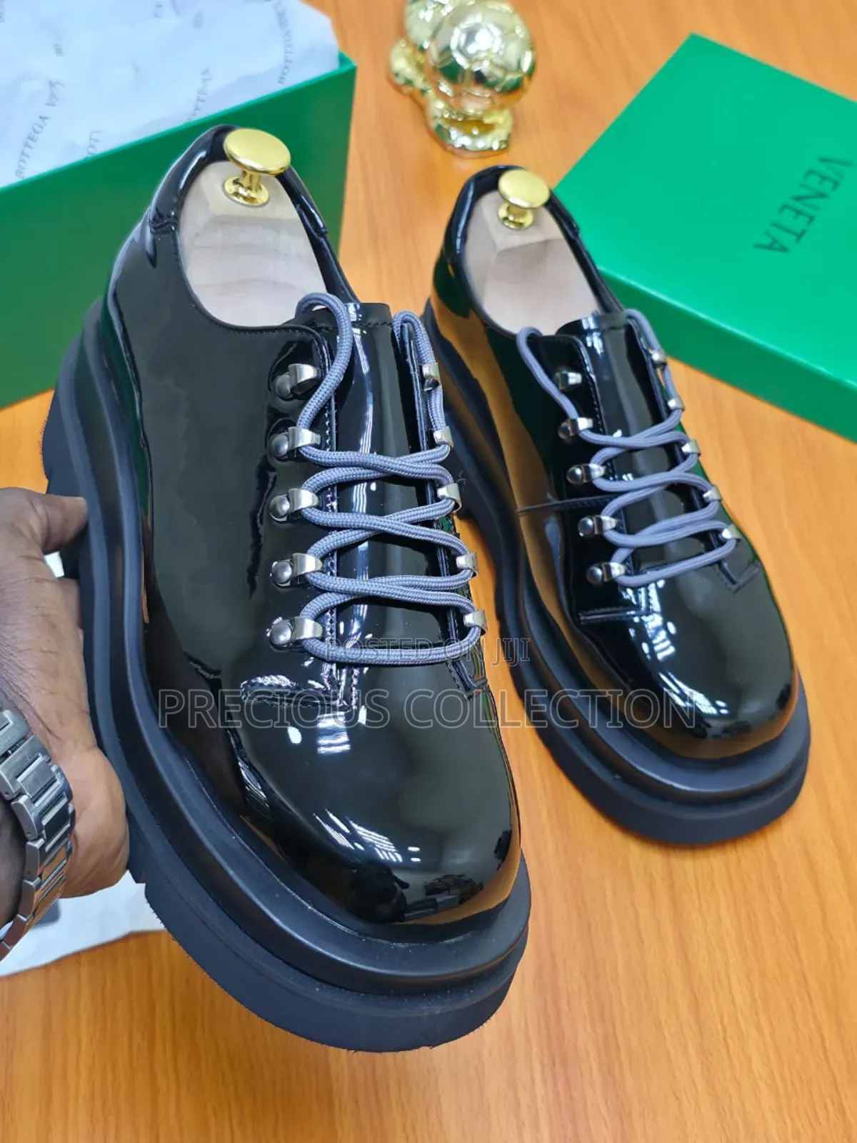 Glossy Double Sole Bottega Lace Up Black Shoe