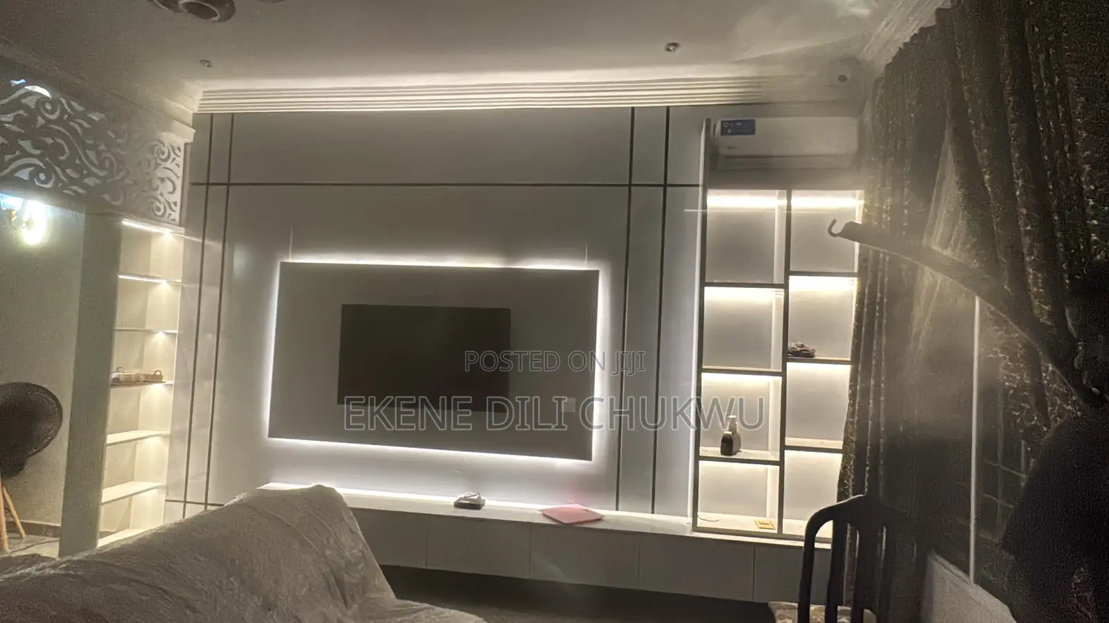 Modern Led Tv Wall Panel With Display Shelves and Storage Console