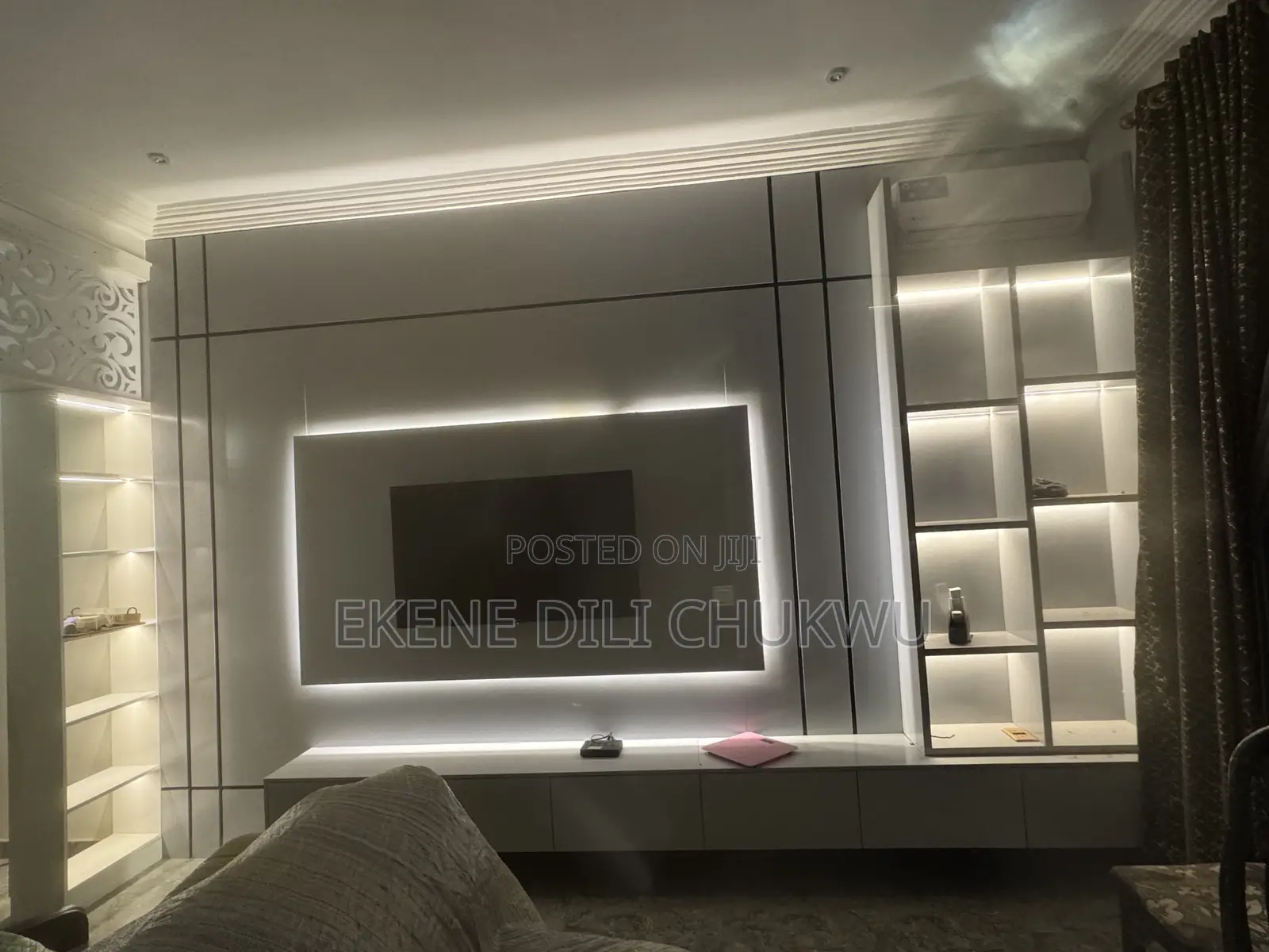 Modern Led Tv Wall Panel With Display Shelves and Storage Console