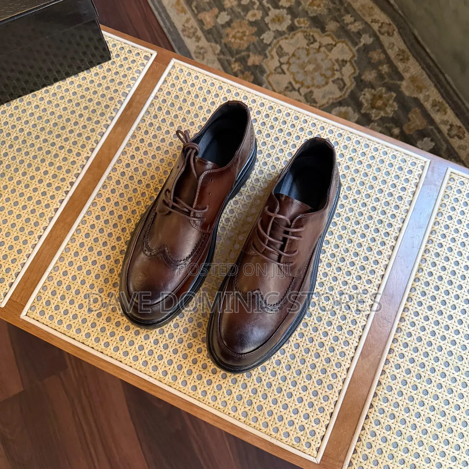 Black Leather Semi-Brogue Shoes With Lug Soles