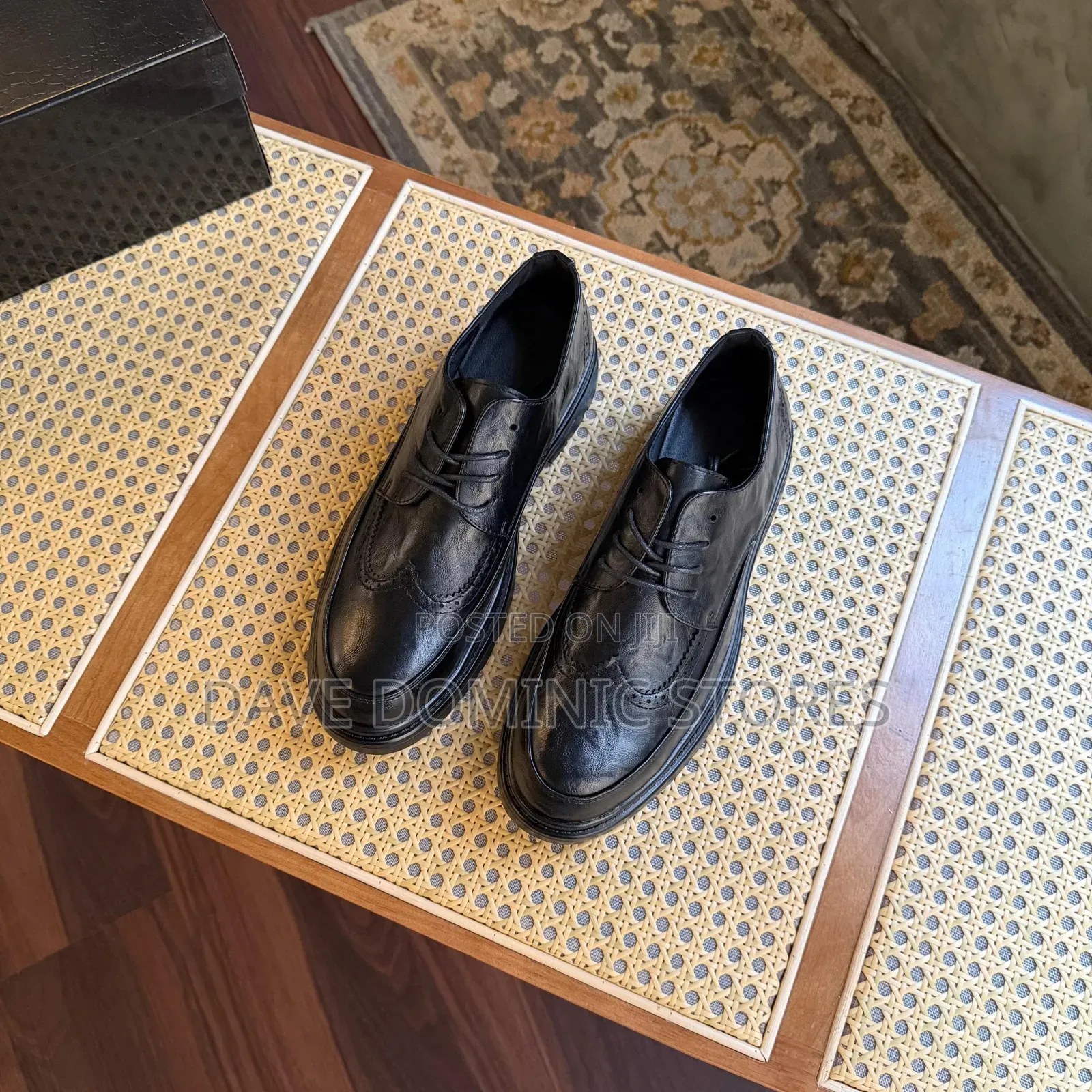 Black Leather Semi-Brogue Shoes With Lug Soles