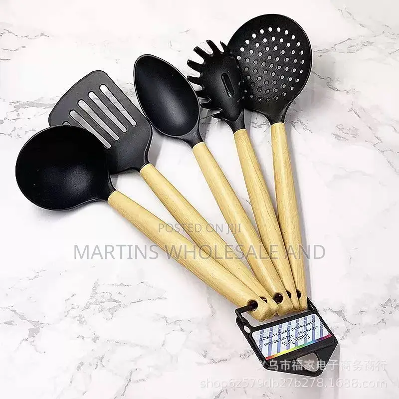 Non-Stick Cooking Spoon Set With Wooden Handles.
