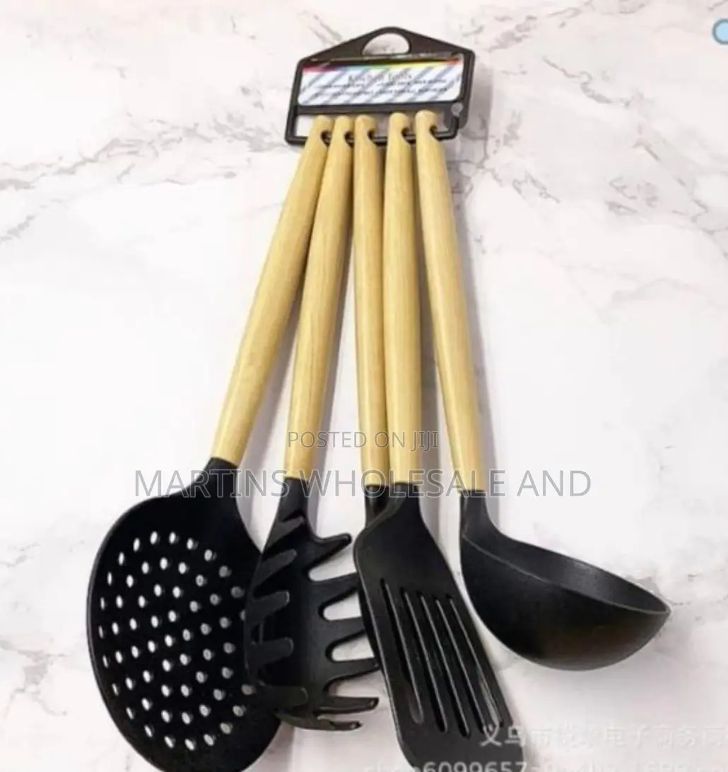 Non-Stick Cooking Spoon Set With Wooden Handles.