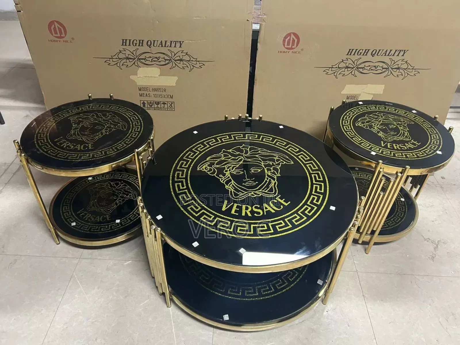 Quality Versace Thick Glass Centre Table and 2 Side Stools