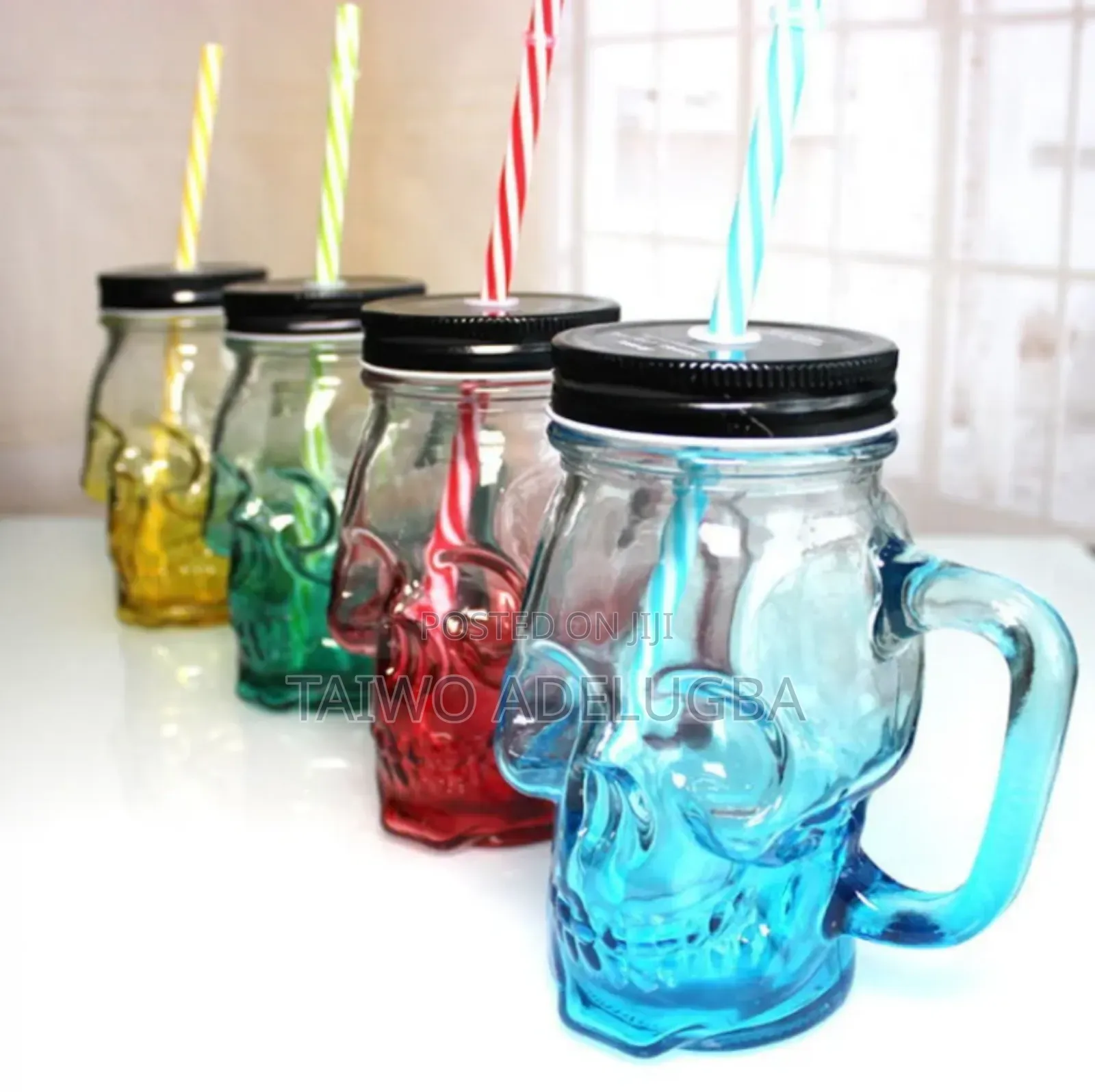 Glass Skull Manson Jar With Lids and Straw
