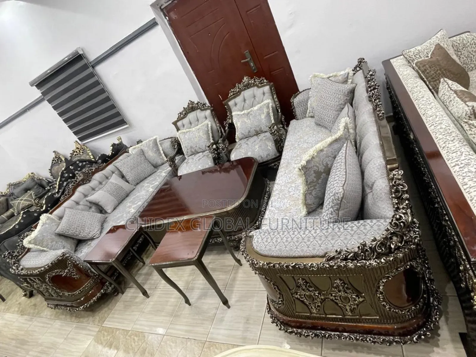 Turkish Fabric Sofa Chairs With Center Table and Two Stools