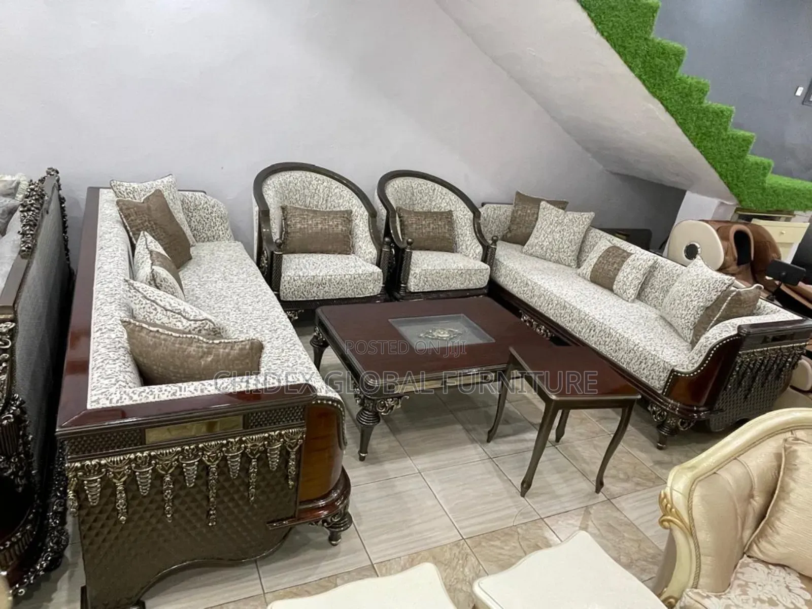 Turkish Fabric Sofa Chairs With Center Table and Two Stools
