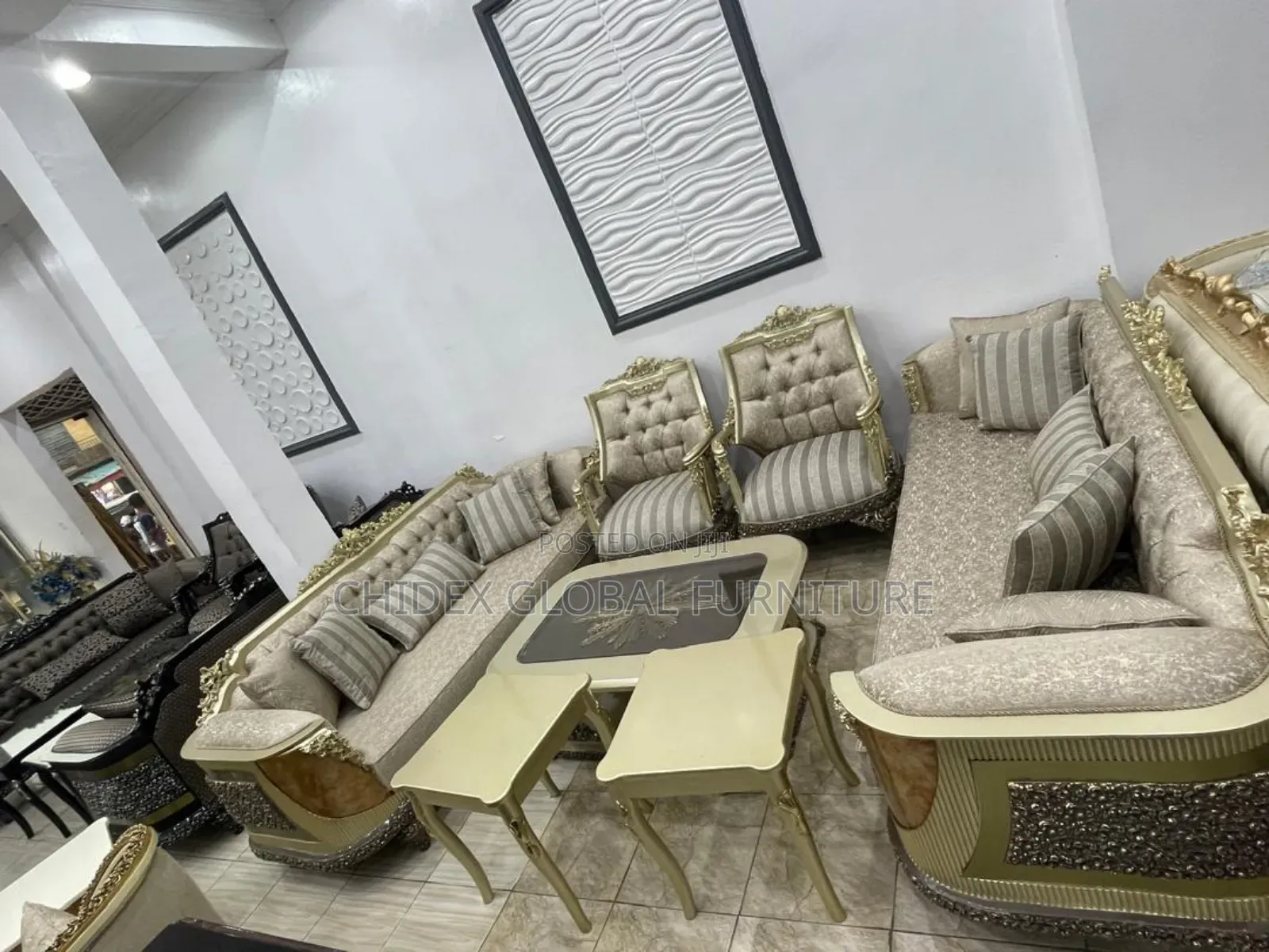 Turkish Fabric Sofa Chairs With Center Table and Two Stools