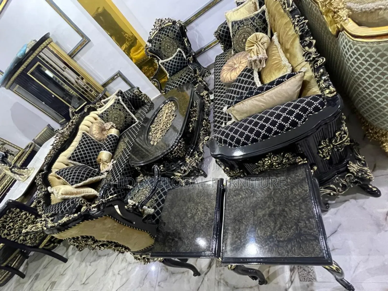 Turkish Fabric Sofa Chairs With Center Table and Two Stools