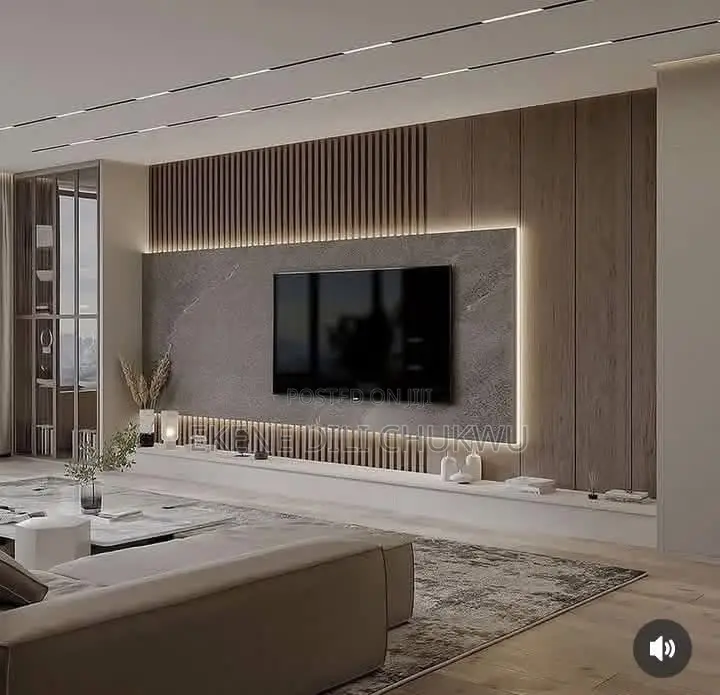 Modern Tv Feature Wall With Wooden Panels Led Accent Lighting