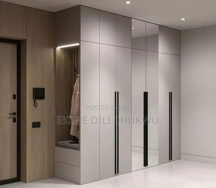 L-Shape Wardrobe With Drawers, Hanging Rails Glos Grey-White Finish”