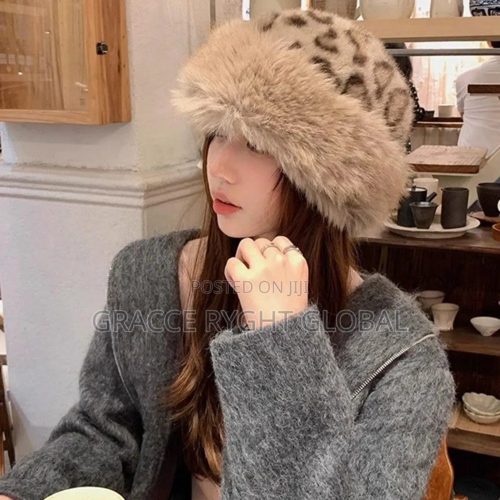 Fluffy Cap With Animal Print