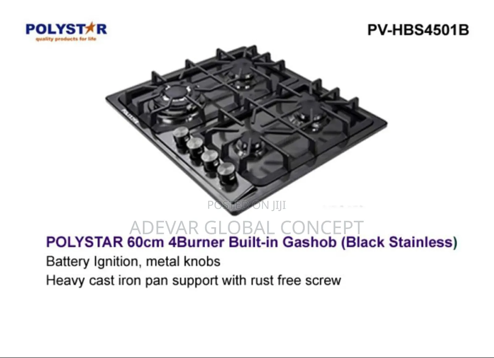 Polystar 60cm 4 Burner Built in Gas Hob (Black Stainless)