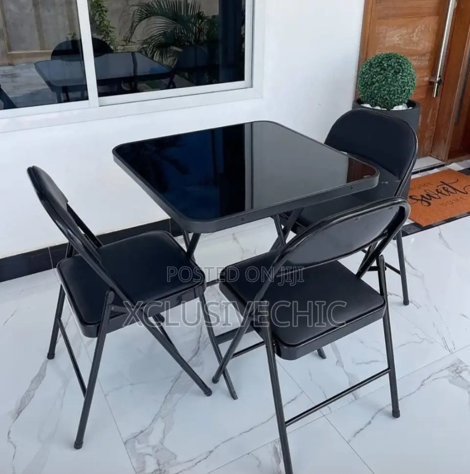 Modern Tempered Glass Table Set With Two Folding Chairs